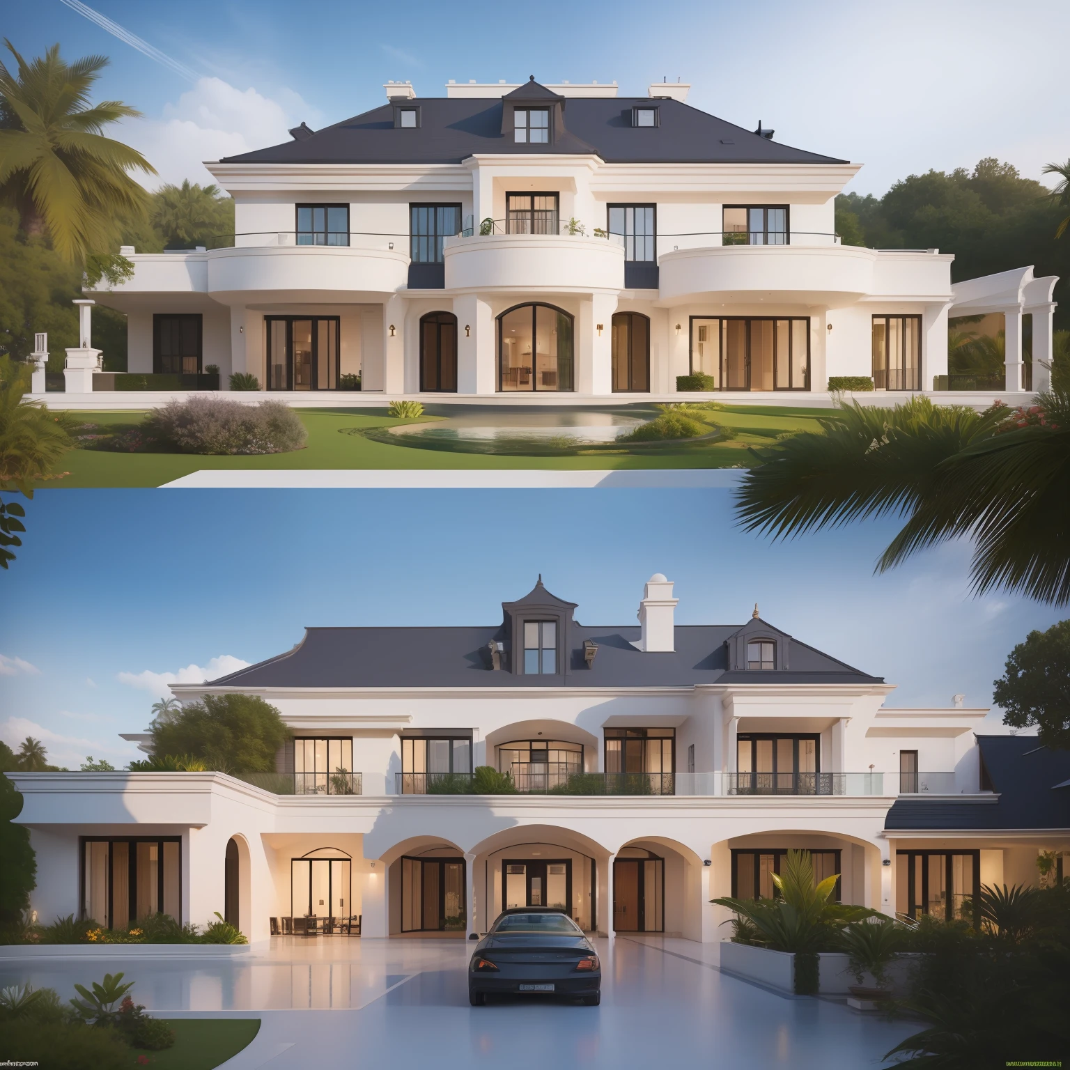 Five-storey villa, terrace, trpical garden, the roof, viewfinder, reference sheet, vanishing point, wide shot, UHD, ccurate, high details, high quality, highres