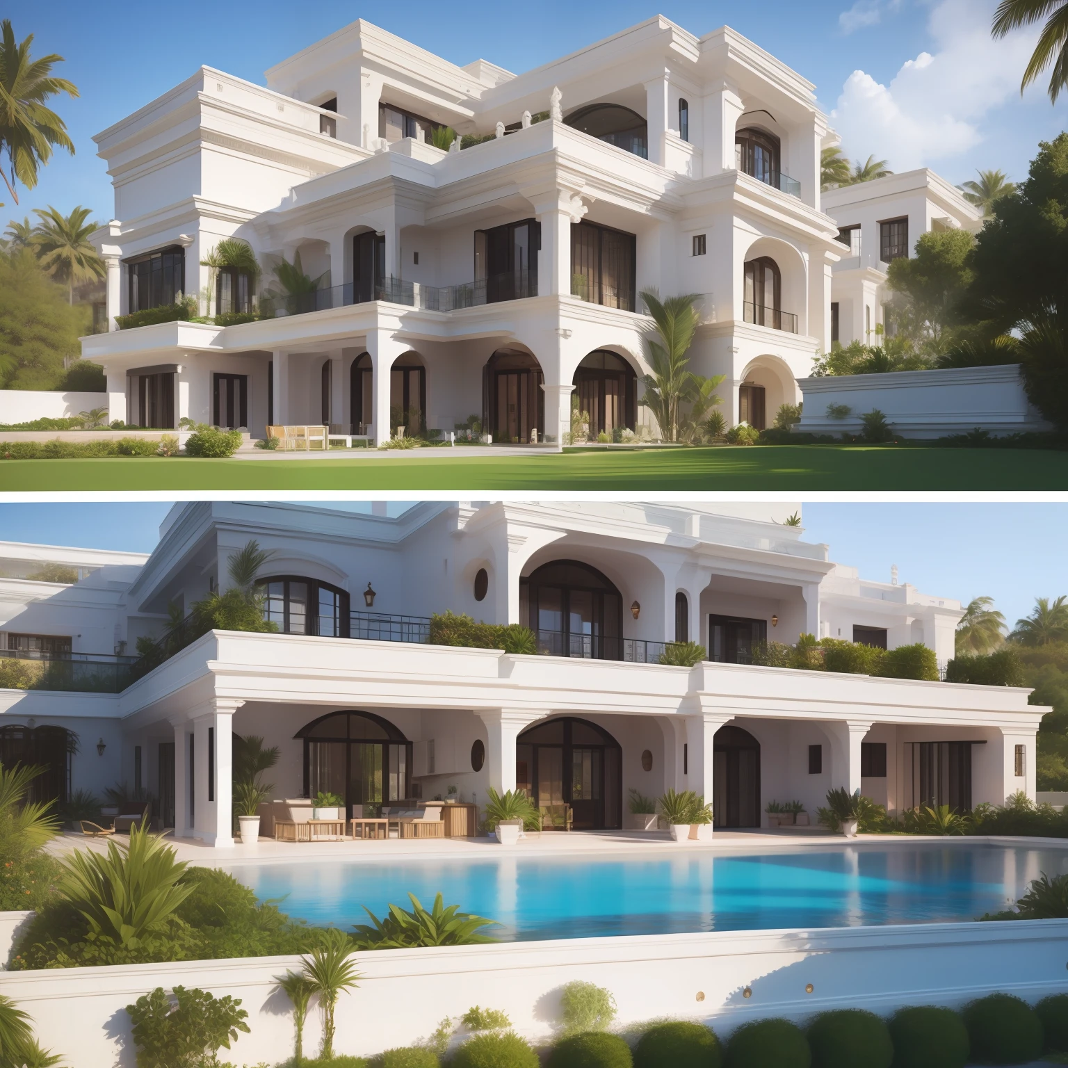 Five-storey villa, terrace, trpical garden, the roof, viewfinder, reference sheet, vanishing point, wide shot, UHD, ccurate, high details, high quality, highres