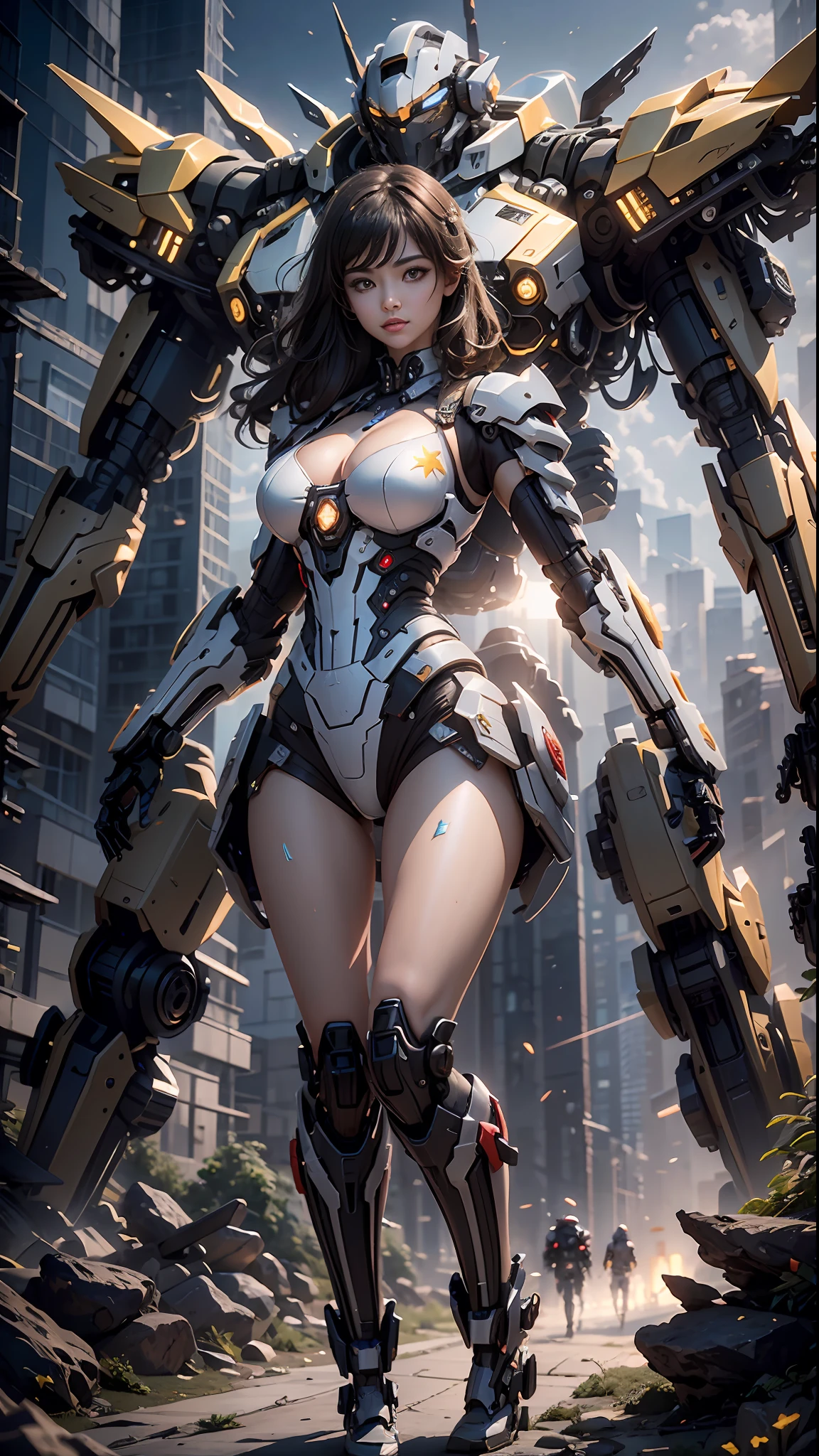 ((melhor qualidade)), ((obra-prima)), (muito detalhado: 1.3), ....3d, Shitu-Mecha, Bela mulher cyberpunk usando coroa com seu mecha arruinado de uma cidade de guerra esquecida, noite, night with starry sky, estrelas cadentes, pegue a chave, longos cabelos prateados, Black pantyhosebloom, Tecnologia Sci-Fi, HDR (high dynamic range), ray tracing, NVIDIA RTX, super resolution, Unreal 5, espalhamento subsuperficial, Textura PBR, Post-processing, anisotropic filtering, profundidade de campo, Maximum Sharpness and Sharpness,  Textura Multicamadas, mapeamento especular e albedo, surface shading, Precise simulation of light-material interactions, perfectly proportions, octane rendering, Duotone Lighting, ISO baixo, white-balance, rule of thirds, ampla abertura, 8K BRUTO, high efficiency subpixels, Subpixel convolution, glow particles, espalhamento de luz, efeito tyndall
