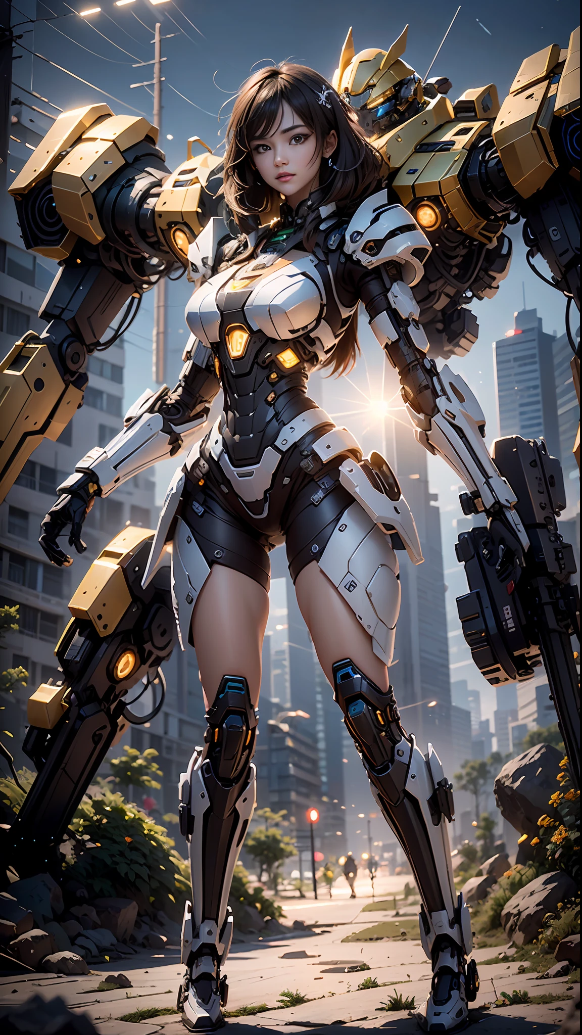 ((melhor qualidade)), ((obra-prima)), (muito detalhado: 1.3), ....3d, Shitu-Mecha, Bela mulher cyberpunk usando coroa com seu mecha arruinado de uma cidade de guerra esquecida, noite, night with starry sky, estrelas cadentes, pegue a chave, longos cabelos prateados, Black pantyhosebloom, Tecnologia Sci-Fi, HDR (high dynamic range), ray tracing, NVIDIA RTX, super resolution, Unreal 5, espalhamento subsuperficial, Textura PBR, Post-processing, anisotropic filtering, profundidade de campo, Maximum Sharpness and Sharpness,  Textura Multicamadas, mapeamento especular e albedo, surface shading, Precise simulation of light-material interactions, perfectly proportions, octane rendering, Duotone Lighting, ISO baixo, white-balance, rule of thirds, ampla abertura, 8K BRUTO, high efficiency subpixels, Subpixel convolution, glow particles, espalhamento de luz, efeito tyndall