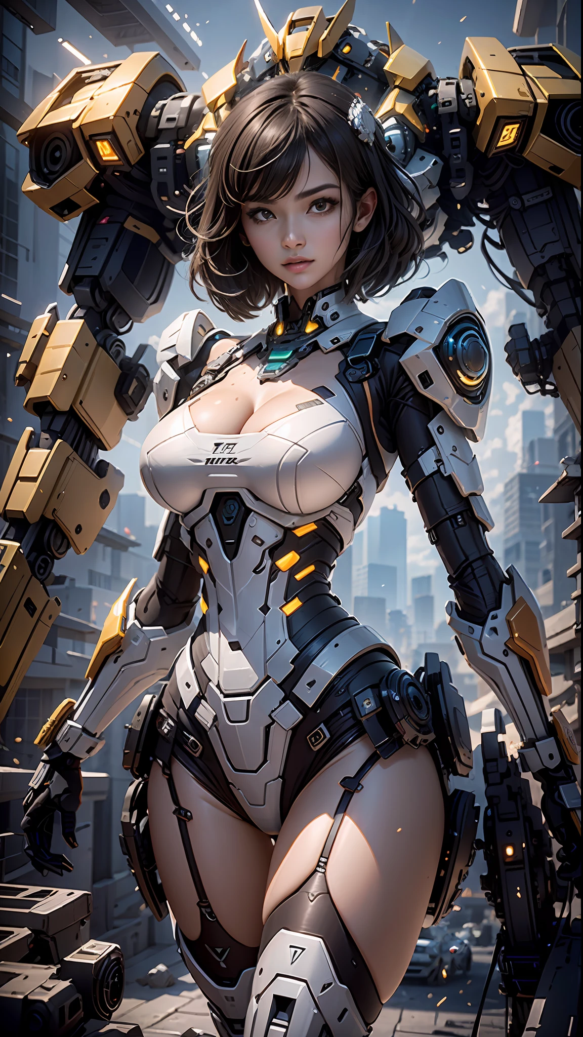 ((melhor qualidade)), ((obra-prima)), (muito detalhado: 1.3), ....3d, Shitu-Mecha, Bela mulher cyberpunk usando coroa com seu mecha arruinado de uma cidade de guerra esquecida, noite, night with starry sky, estrelas cadentes, pegue a chave, longos cabelos prateados, Black pantyhosebloom, Tecnologia Sci-Fi, HDR (high dynamic range), ray tracing, NVIDIA RTX, super resolution, Unreal 5, espalhamento subsuperficial, Textura PBR, Post-processing, anisotropic filtering, profundidade de campo, Maximum Sharpness and Sharpness,  Textura Multicamadas, mapeamento especular e albedo, surface shading, Precise simulation of light-material interactions, perfectly proportions, octane rendering, Duotone Lighting, ISO baixo, white-balance, rule of thirds, ampla abertura, 8K BRUTO, high efficiency subpixels, Subpixel convolution, glow particles, espalhamento de luz, efeito tyndall