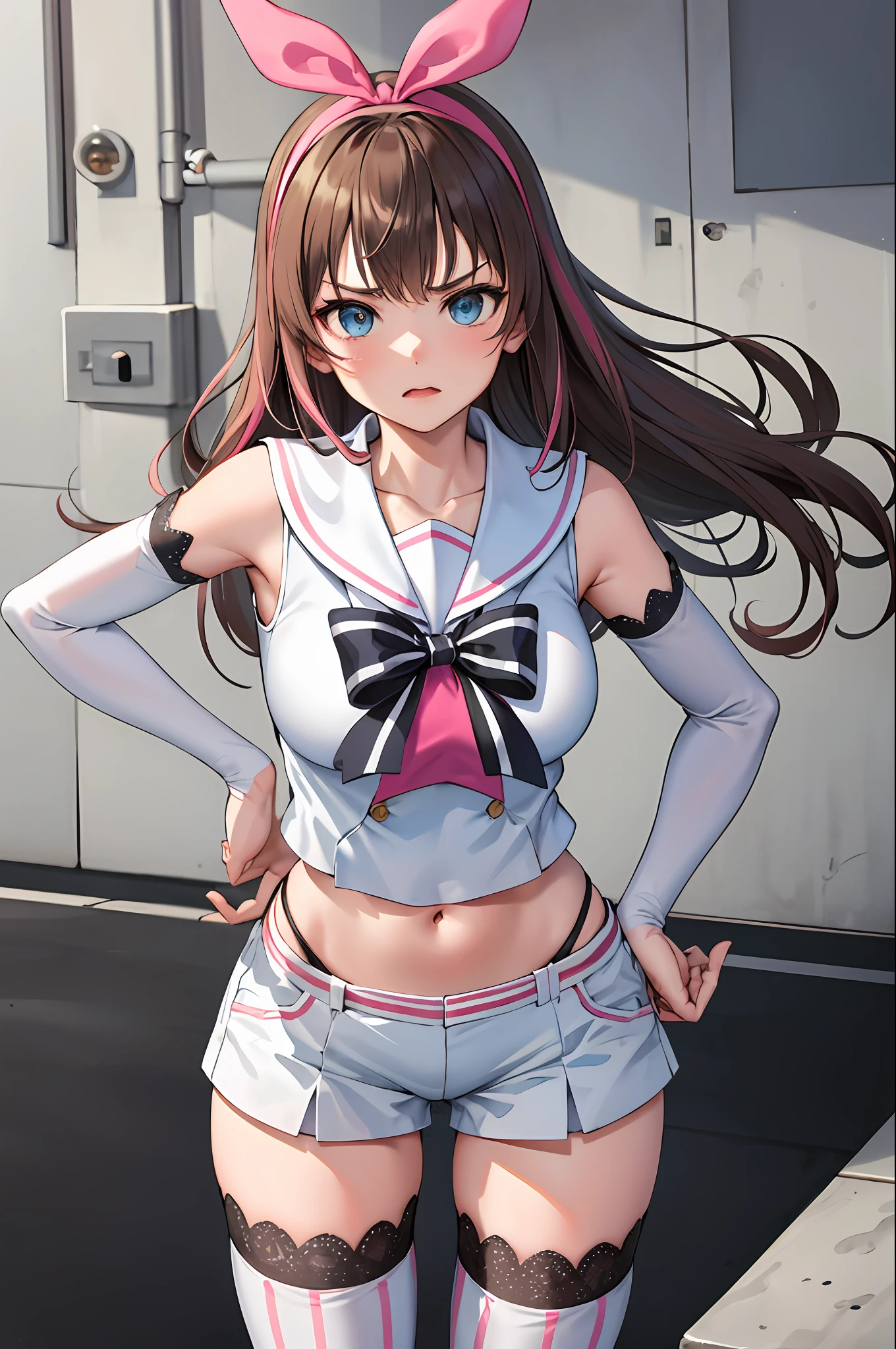 Masterpiece, Best quality, A high resolution, 1girll, kizuna, Long hair, Brown hair, multicolored hair, Short shorts, Floating hair, pink hairband, White shorts, Detached sleeves, navel, Sailor collar, Striped hair, Pink hair, Blue eyes, white thighhighs, Medium breasts, lace-trimmed sleeves, Sleeveless shirt, streaked, White sailor collar, neck bowtie, Hair Bow, sweeping bangs, White shirt, lace-trimmed legwear, scowling, pointing at viewer, Leaning forward, hand on hips,