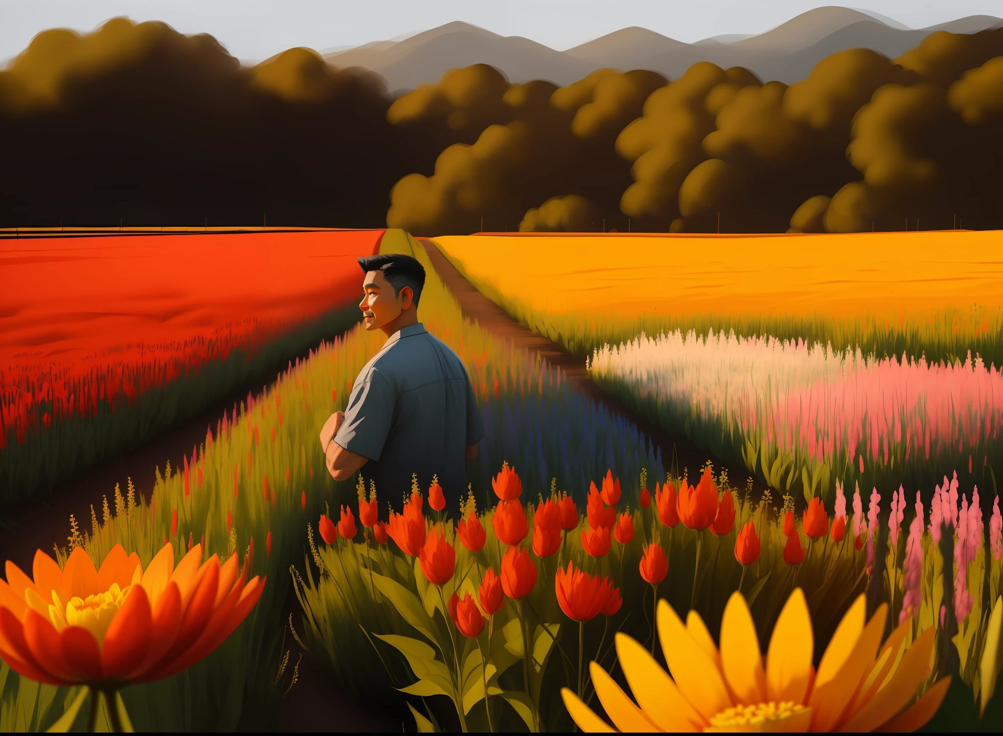 Um pai levantando um filho no alto, rindo, large area of flowers in the foreground, luz suave, Comfortable tones, hiper-realista, 8k