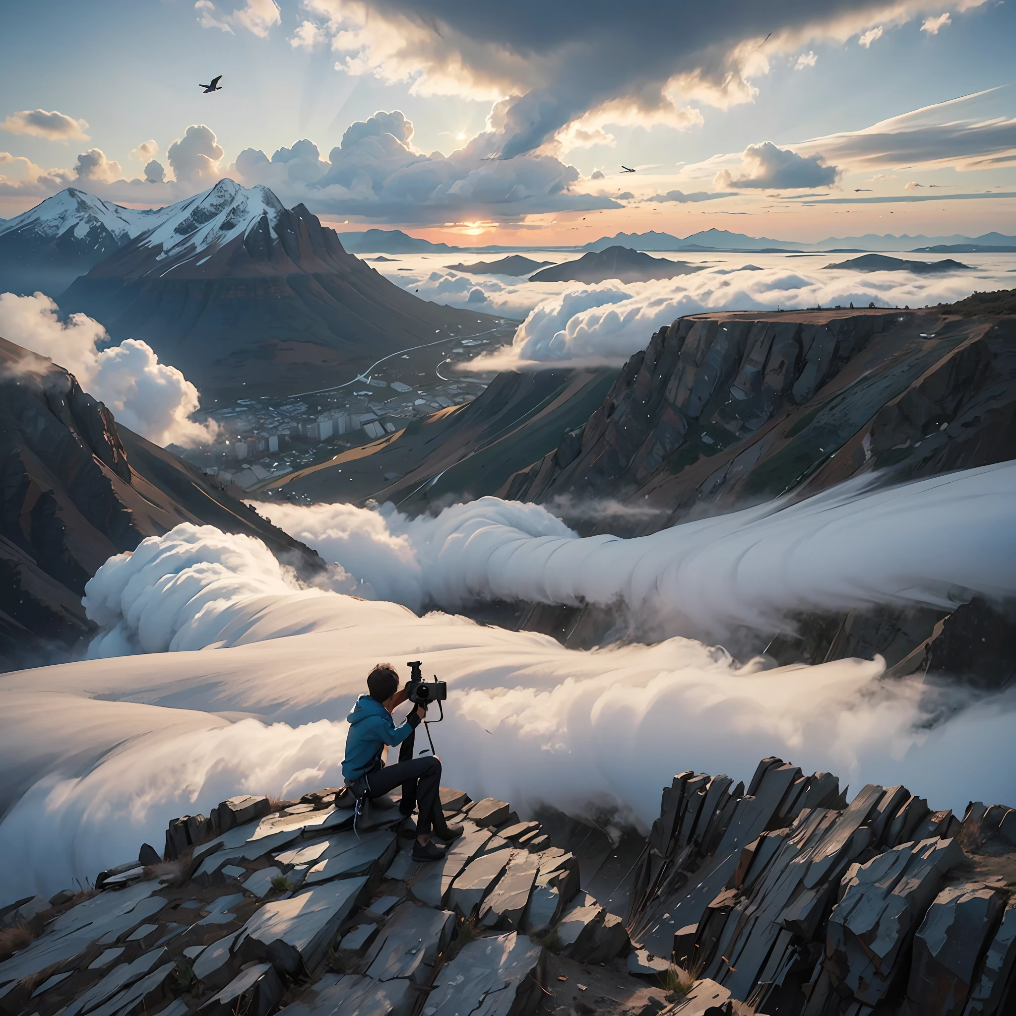 ((masterpiece)), (ultra detailed), ((realistic)), (better Quality), A boy sitting on top of a mountain, with a drone camera capturing the scene below. The clouds are visible below, and the sun is setting in the background, casting a warm glow over the landscape. Birds can be seen flying above the clouds. ( Landscape), 8k, photography
