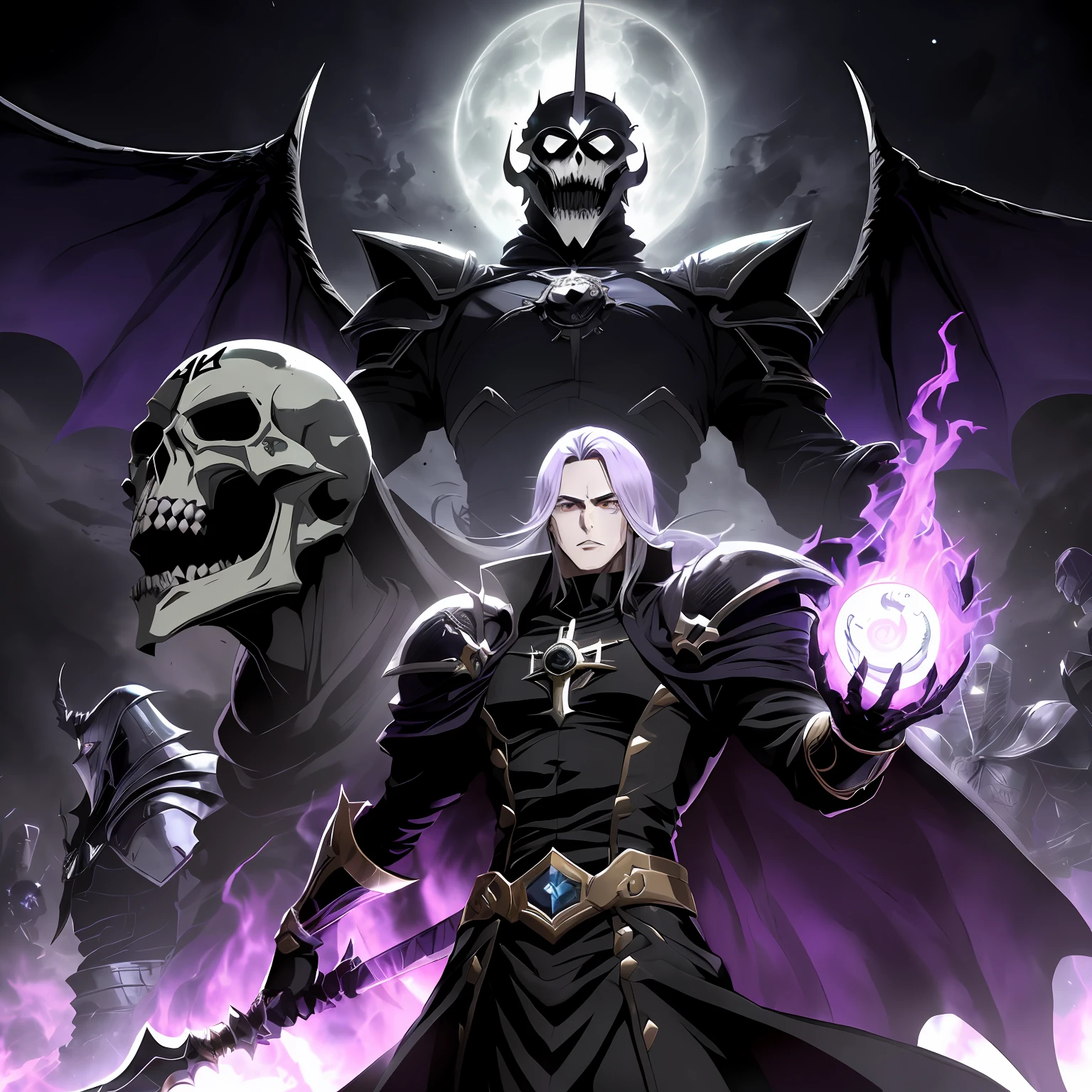 ( uma pessoa toguro100 com uma espada e um manto roxo, Vestido Ainz Ooal, Overlord!!!, Overlord, por Overlord, Deus masculino bonito da morte, Overlord Temporada 4, Rei do Ceifador do Tempo, Arte Oficial, Retrato do Deus da Morte, O Rei da Morte, Ish, Albedo do anime Overlord, Deus da morte) , cenario fantasia dark dinamico, Character concentrating black magic in his hand, vortex, particuls, in action, Distance 135mm, (((visao lateral de cima)))