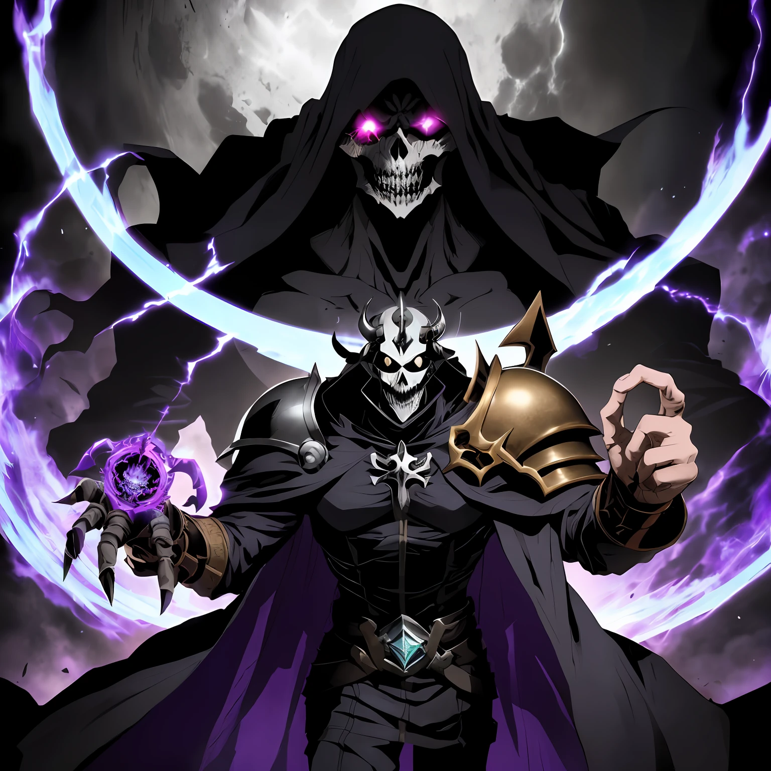 ( uma pessoa toguro100 com uma espada e um manto roxo, Vestido Ainz Ooal, Overlord!!!, Overlord, por Overlord, Deus masculino bonito da morte, Overlord Temporada 4, Rei do Ceifador do Tempo, Arte Oficial, Retrato do Deus da Morte, O Rei da Morte, Ish, Albedo do anime Overlord, Deus da morte) , cenario fantasia dark dinamico, Character concentrating black magic in his hand, vortex, particuls, in action, Distance 135mm, (((visao lateral de cima)))
