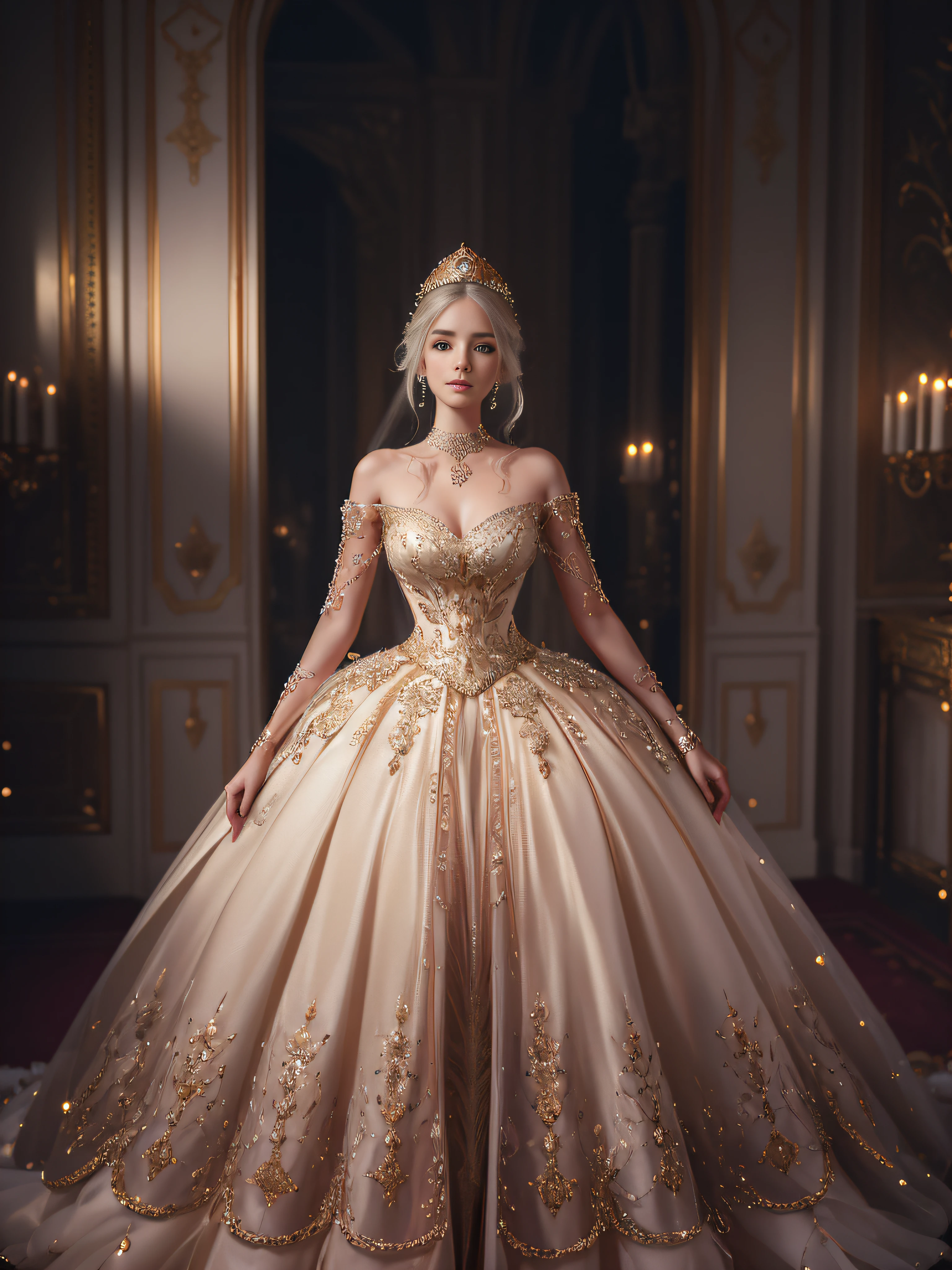 a hyper realistic photograph of a girl standing wearing a majestic light beige and gold ball gown dress, big beautiful dress, intricate puffy ball gown with lots of ruffles and rhinestones (Best quality, masterpiece, ArtStation, Fantasy Art:1.2), a palace room, a beautiful cute girl, (long white hair:1.1), (intricate short gold skirt, bare legs:1.2, full body shot)