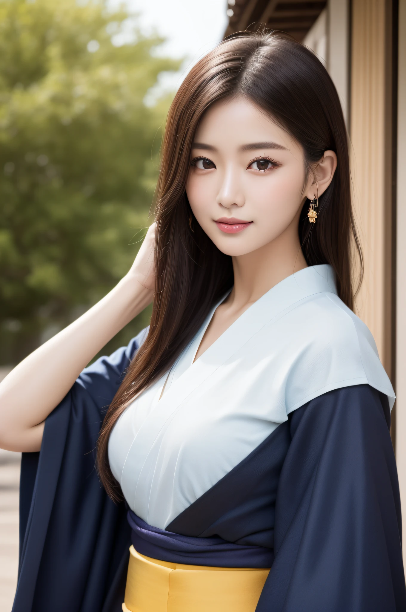 ((top-quality、8K、a masterpiece of:1.3))、foco nítido:1.2、(ultra beautiful faces:1.0)、(Slender Abs Beauty:1.0)、(shinny skin:1.0)、photos realistic、A dark-haired、Video Lighting、High-definition eyes and face、Video Lighting、(cowboy shot:1.3)、(Kimono、Hakama、Obi:1.4)、(Korean Cute Actress)、Traditional kimono、from the front side、medium large breasts、A slight smile
