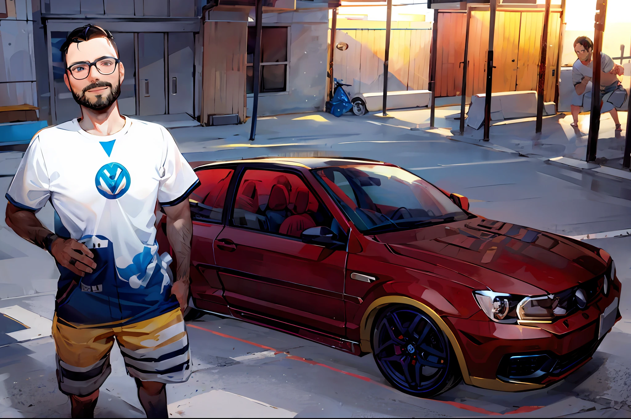 Volkswagen Gol, homen de 30 anos, extremamente realista, foto com carro no fundo