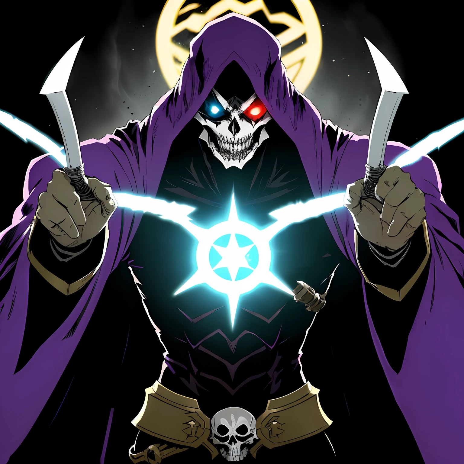 ( uma pessoa toguro100 com uma espada e um manto roxo, Vestido Ainz Ooal, Overlord!!!, Overlord, por Overlord, Deus masculino bonito da morte, Overlord Temporada 4, Rei do Ceifador do Tempo, Arte Oficial, Retrato do Deus da Morte, O Rei da Morte, Ish, Albedo do anime Overlord, Deus da morte) , cenario fantasia dark dinamico, Character concentrating black magic in his hand, vortex, particuls, in action, Distance 135mm, (((visao lateral de cima)))
