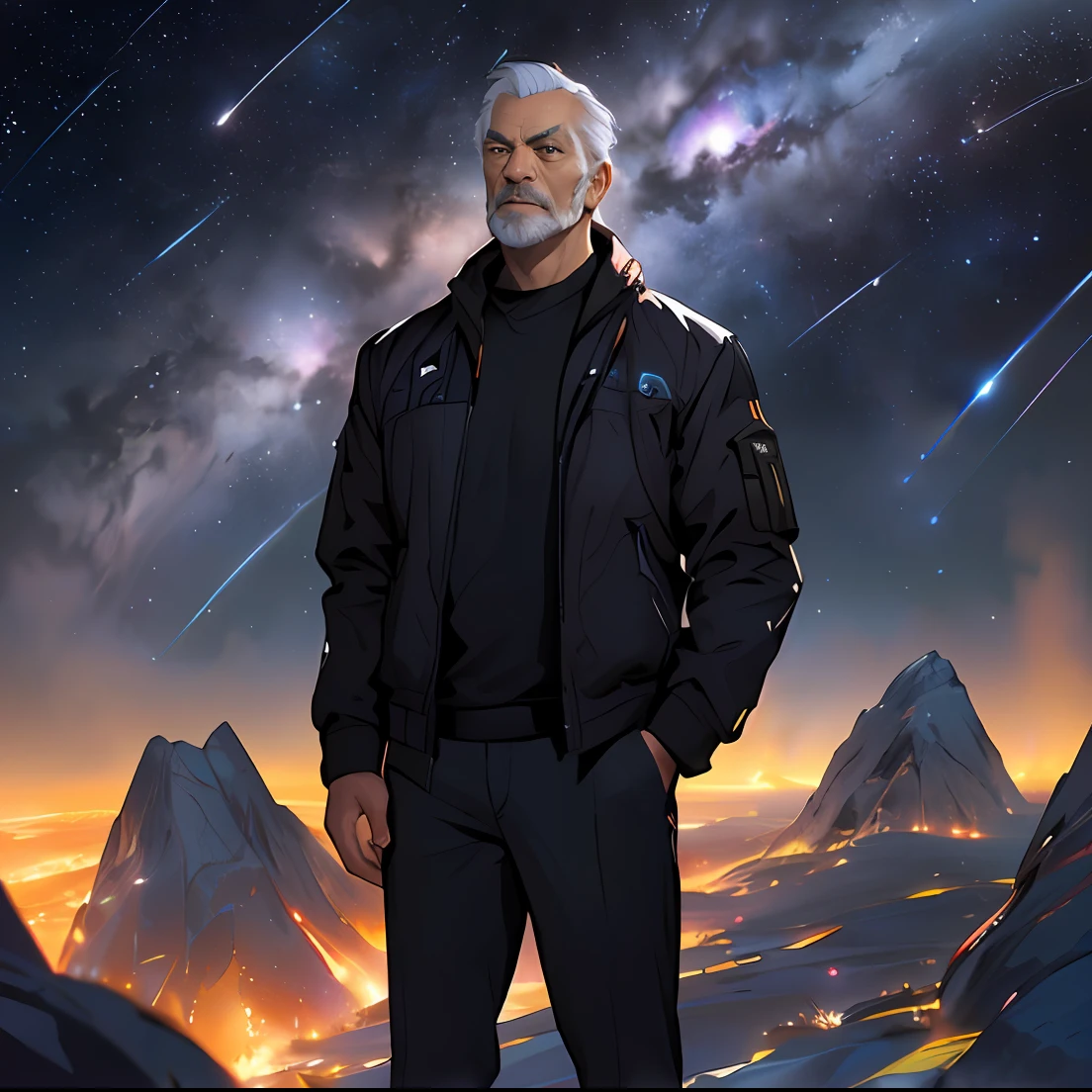 arafed man standing on a mountain with a view of a night sky, official character illustration, sean connery as big boss, official concept art, official character art, official art, star citizen digital art, sci-fi space game art, epic scifi character art, epic sci-fi character art, epic sci - fi character art, background artwork
