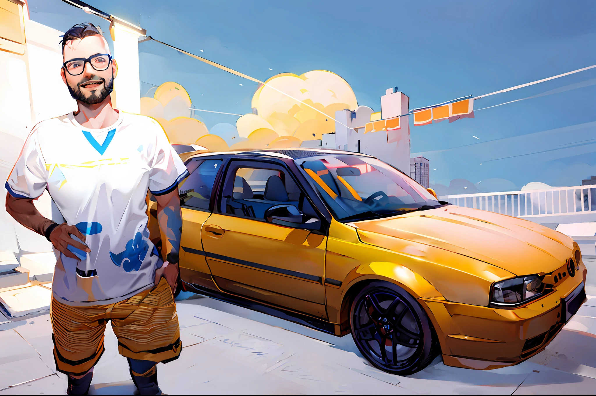 Volkswagen Gol, homen de 30 anos, extremamente realista, foto com carro no fundo