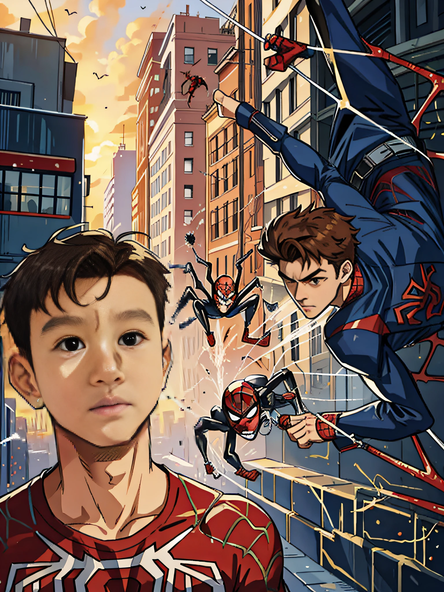 (masterpiece, best quality), intricate details, 8k, artstation, wallpaper, official art, splash art, sharp focus,
1boy, Nakiri Ayame, brown eyes, brown hair,
spider suit, spider web print, spider web,
skyscrappers, city, buildings, cars, street, spider-man suit, superhero pose, no people in background, main character wears spider-man suit, hair sticks up a bit