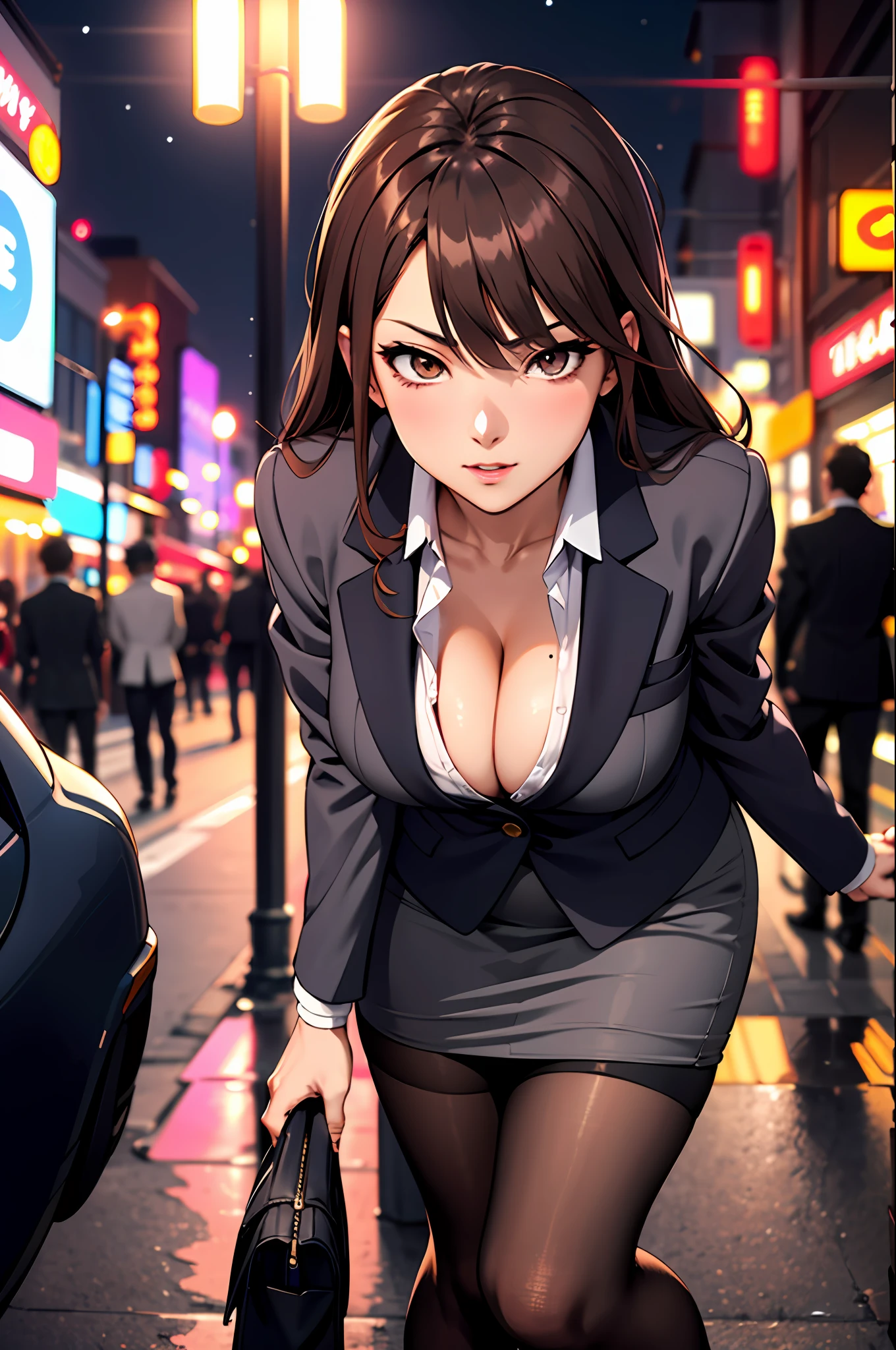Bewitching anime busty woman in gray blazer suit and tight skirt、Black tights,Inviting look、Show off your chest、Shirt and brown hair,Ecchi anime style, bending forward,Kamimei,Red Light District at Night,neons、Bokeh in the background