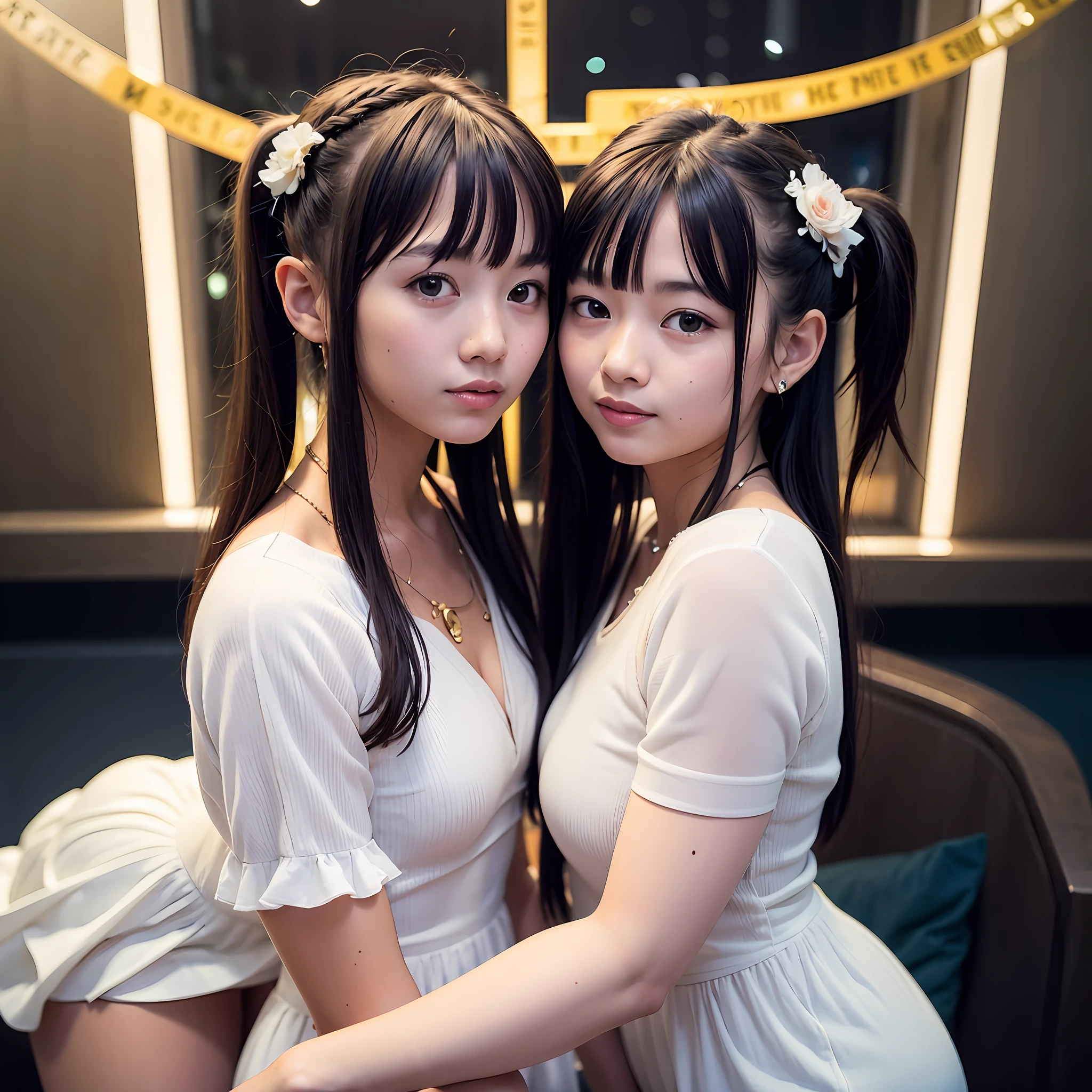 Two young women in white dresses pose for a photo, beautiful gemini twins portrait, Beautiful Gemini twins, Twin tail hairstyle, Two beautiful  girls, ulzzangs, sakimichan, white hime cut hairstyle, beautiful sci - fi twins, with same hairstyle, two pigtails hairstyle, No double head, twins, cute cute, trending at cgstation