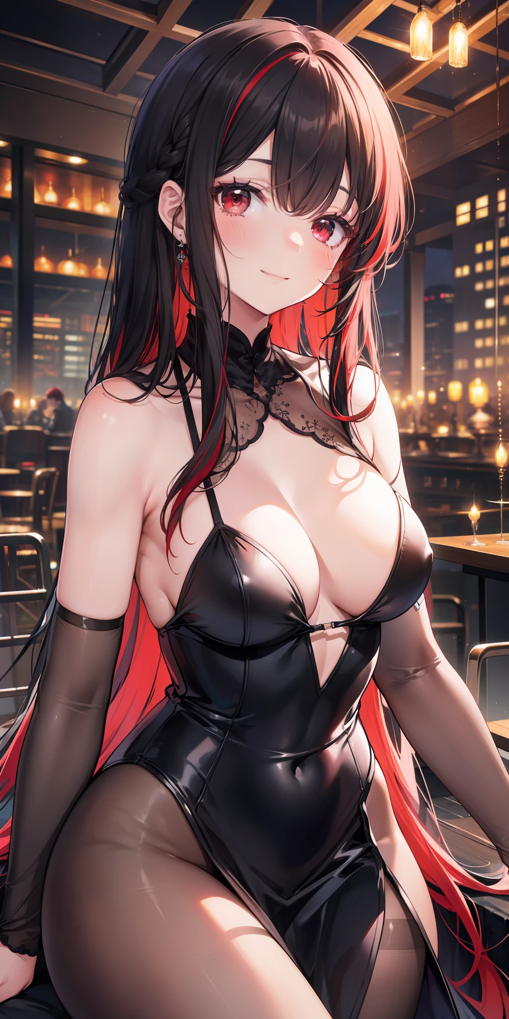 tag: masterpiece, best quality, (detailed eyes:1.1), (detailed hair:1.1), (hair shadow:1.2), (blurred:1.3), (red eyes:1.1), Young girl, black ball gown, red eyes, long hair, black hair, red bangs, thick streak of long red hair, from left side, close up view, view of owner, straight arms, medium breasts, side cleavage, fair skin seamless, blush, calm smile, indoors, party room with colorful dim lights