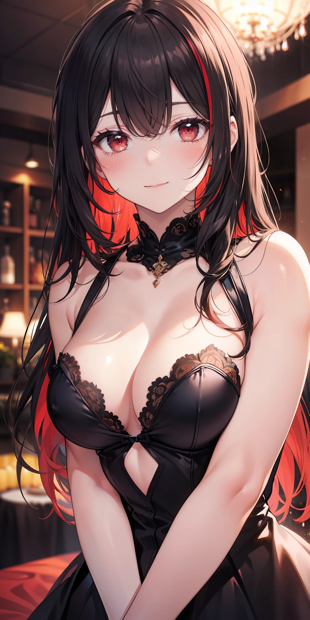 tag: masterpiece, best quality, (detailed eyes:1.1), (detailed hair:1.1), (hair shadow:1.2), (blurred:1.3), (red eyes:1.1), Young girl, black ball gown, red eyes, long hair, black hair, red bangs, thick streak of long red hair, from left side, close up view, view of owner, straight arms, medium breasts, side cleavage, fair skin seamless, blush, calm smile, indoors, party room with colorful dim lights