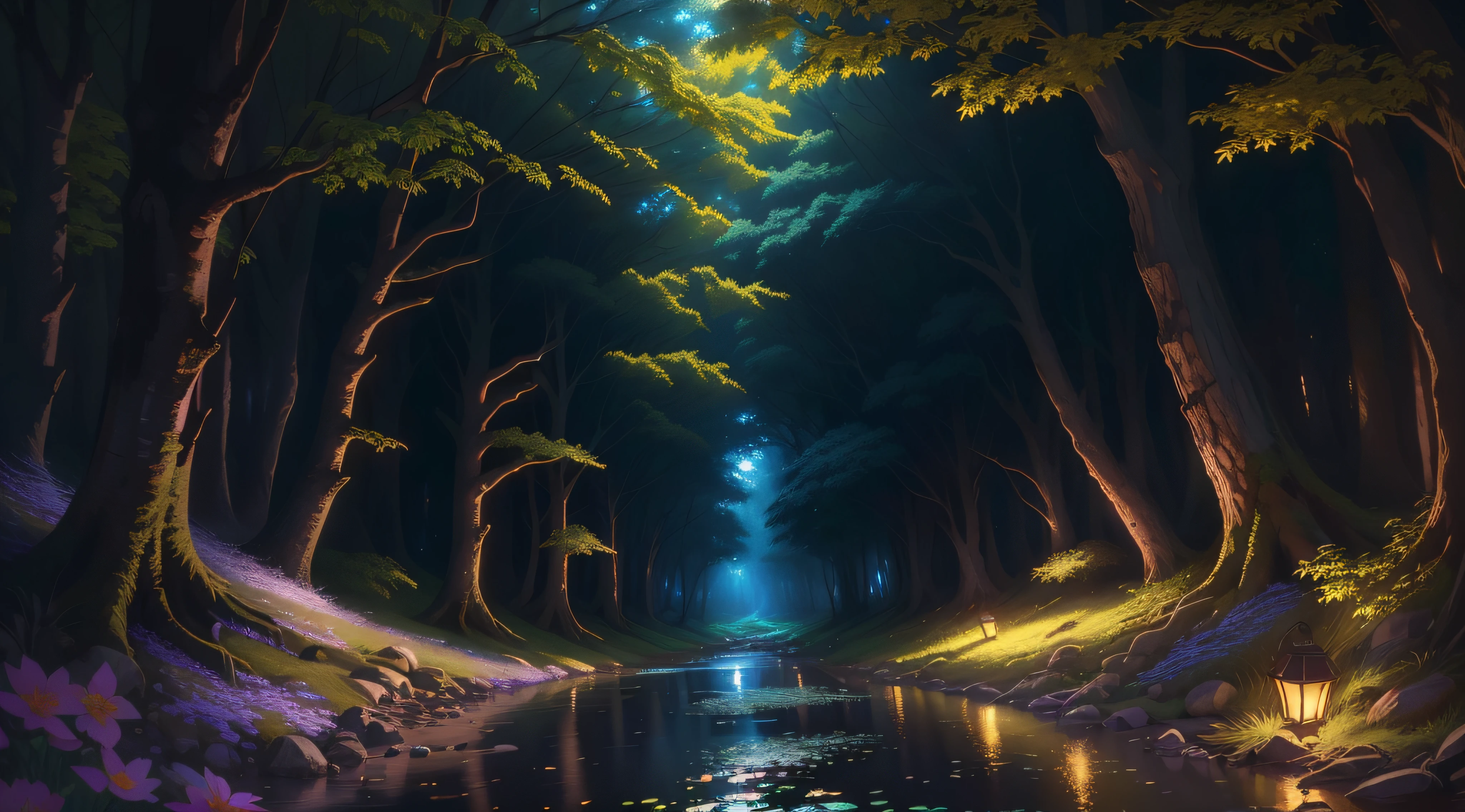There is a stream running through a forest with a light at the end, anime exuberante john 8k madeiras, floresta brilhante, 8k resolution digital painting, 8k resolution digital painting, 8k arte impressionante, Floresta Cyberpunk, inspirado em Andreas Rocha, Pintura digital 8k, Arte digital altamente detalhada em 4k, magical forest in the background, magical atmosphere, magical forest