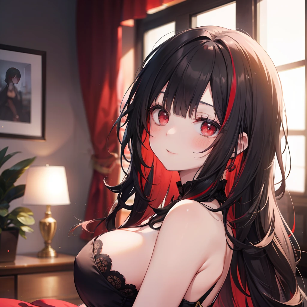 tag: masterpiece, best quality, (detailed eyes:1.1), (detailed hair:1.1), (hair shadow:1.2), (blurred:1.3), (red eyes:1.1), Young girl, black ball gown, red eyes, long hair, black hair, red bangs, thick streak of long red hair, from left side, close up view, view of owner, straight arms, medium breasts, side cleavage, fair skin seamless, blush, calm smile, indoors, party room with colorful dim lights