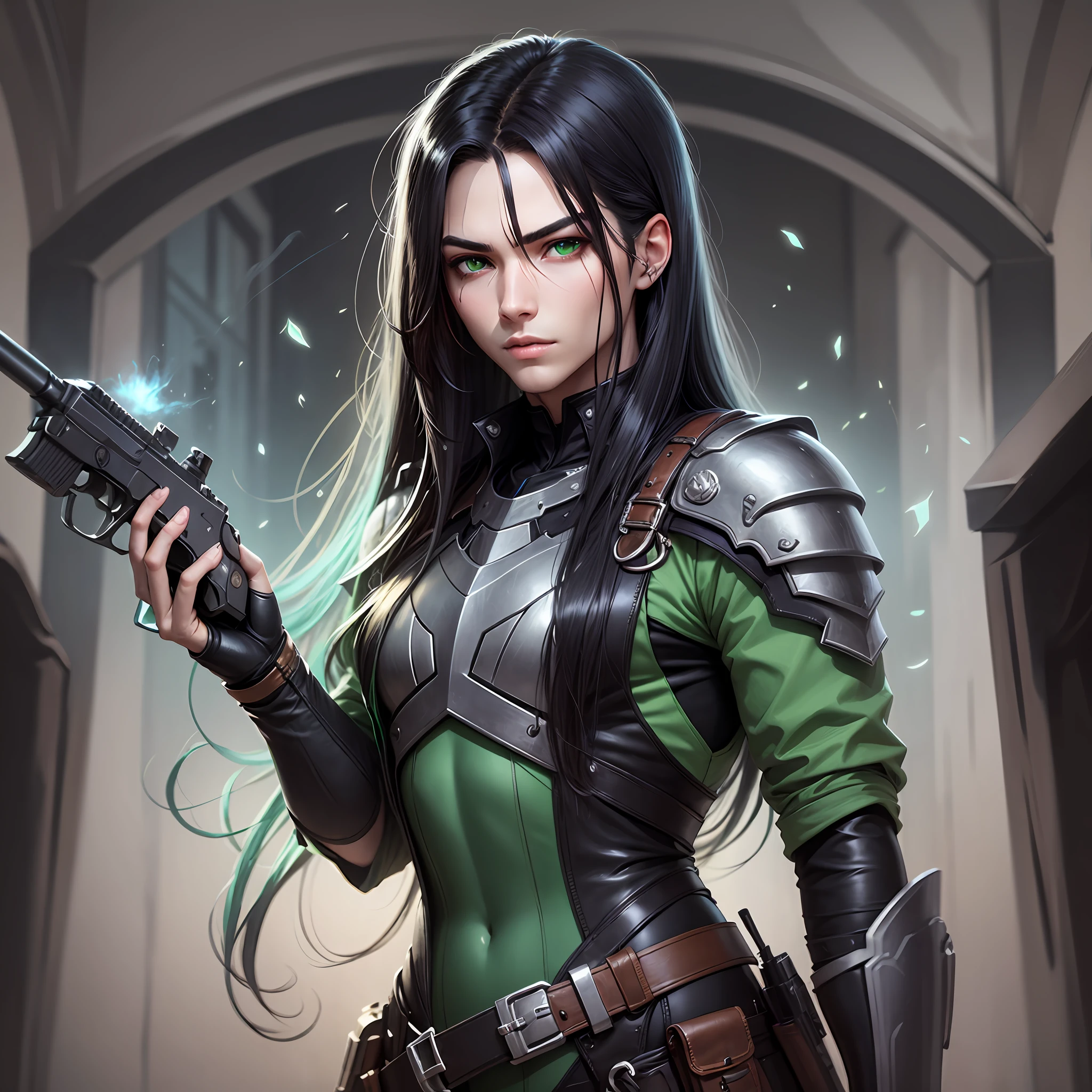 Male demon hunter long black straight hair green eyes two guns --auto --s2