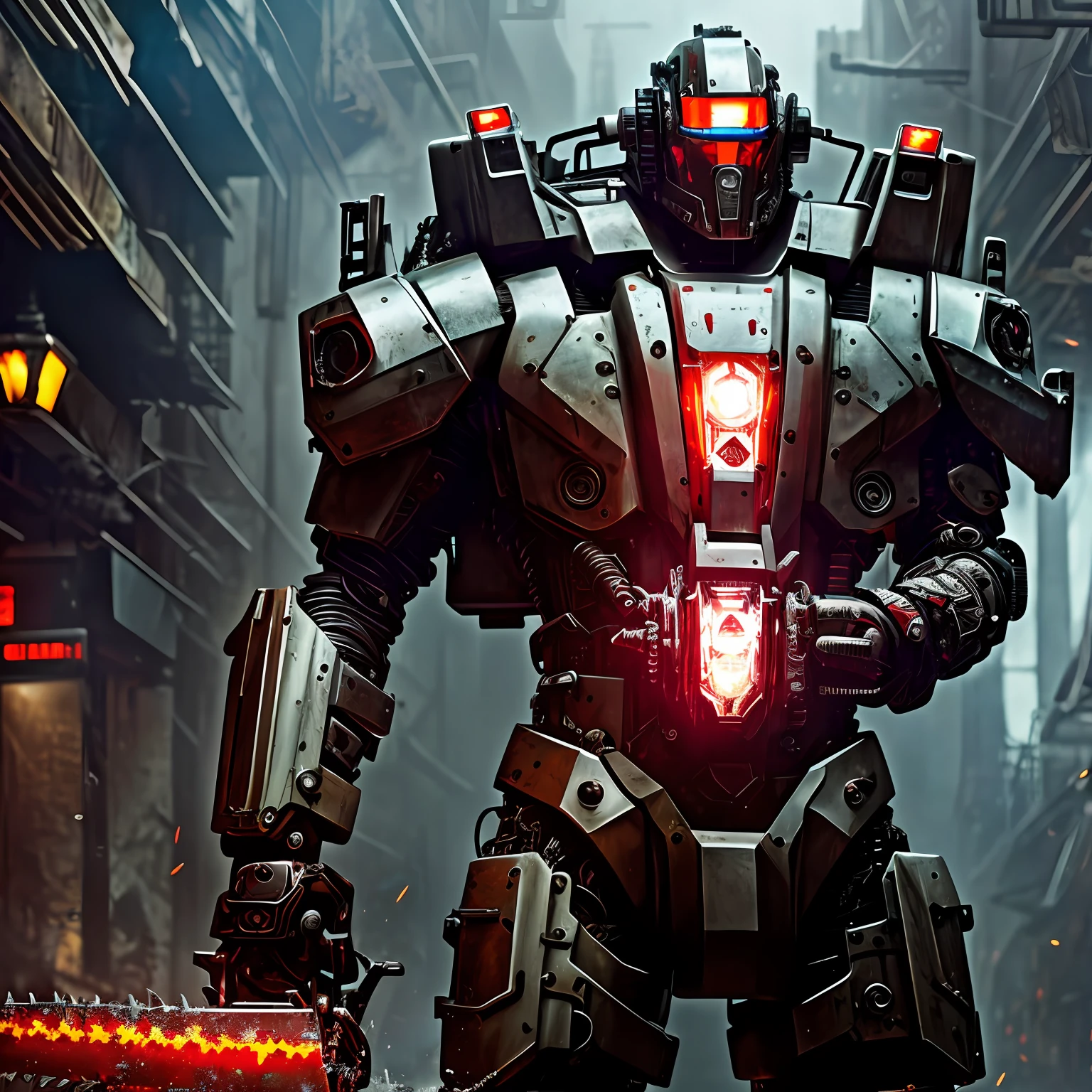 Dark_Fantasy,Cyberpunk,(chain saw,chain saw man,Red:1.1),1man,Mechanical marvel,Robotic presence,Cybernetic guardian, wearing a worn-out mech suit, intricate, (steel metal [rusty]), elegant, clear focus, shot by greg rutkowski, soft lighting, vibrant colors, masterpiece, ((street)), cowboy shot, dynamic pose, --auto