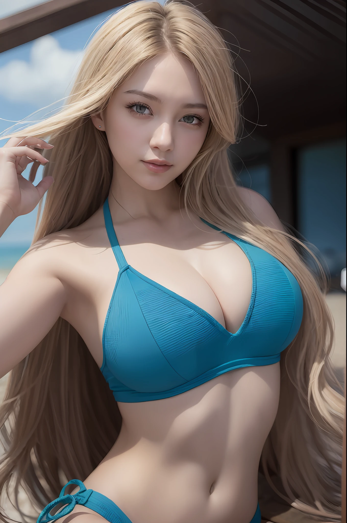 ((top-quality、masterpiece:1.3))、((Russian beauties))、1 female、14years、large full breasts:1.3、Slender body type:1.1、Toned abs、Blonde semi-long hair、(the beach、Wet body、pretty bikini:1.1)、Super Detailed Face、Detailed lips、detailedeyes、二重まぶた、beach balls、Smile、blue-sky、clouds、look left、blue eyess、wide Shots、model poses