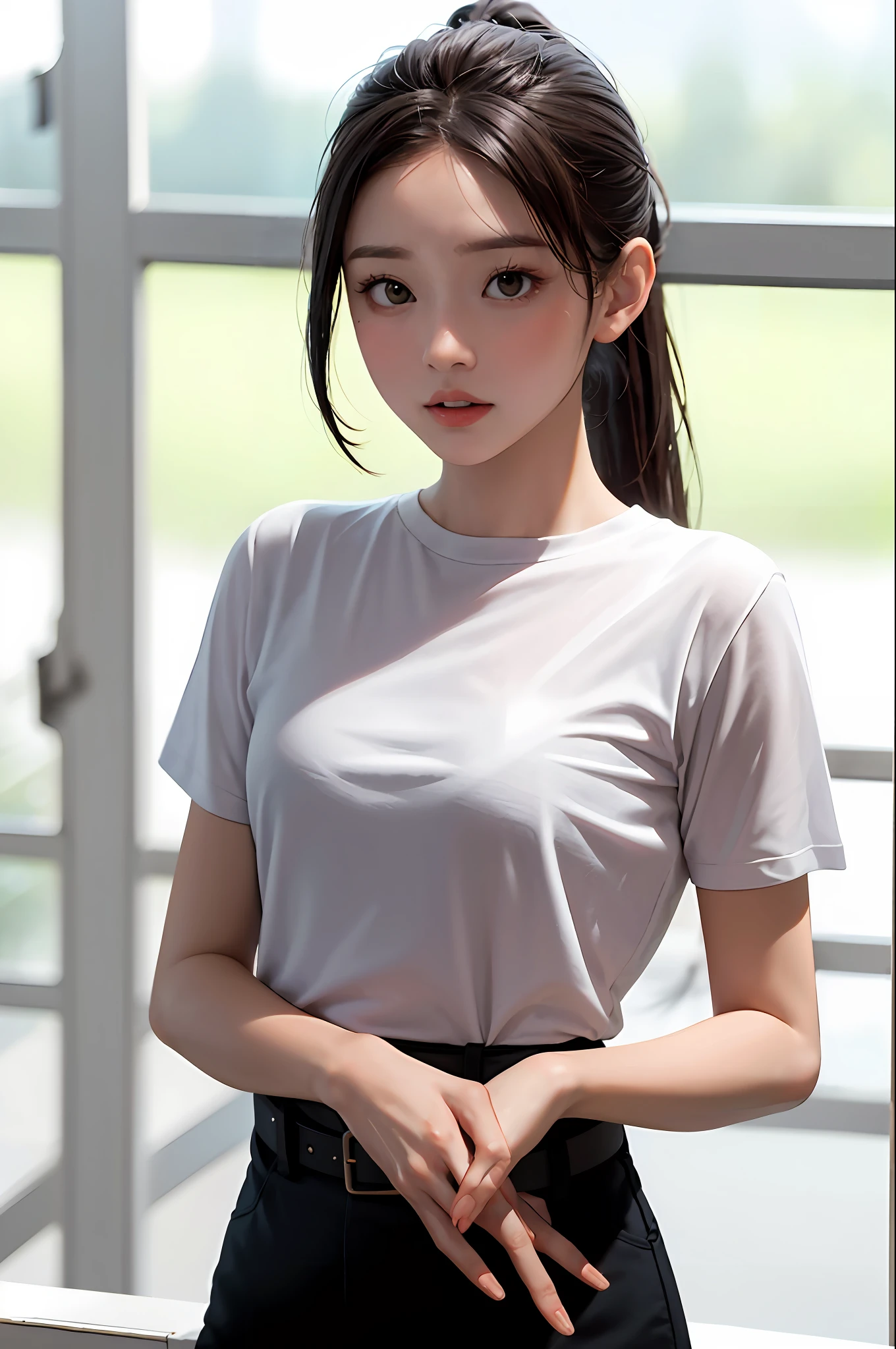 tmasterpiece,best qualtiy,(Dark photograph:1.3),realisticlying,1girl,flat bangs,High ponytail,stunning innocent symmetry face,The shirt,Emotional,ulzzang,(PureErosFace_V1:0.7)