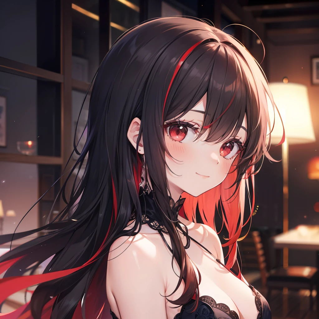 tag: masterpiece, best quality, (detailed eyes:1.1), (detailed hair:1.1), (hair shadow:1.2), (blurred:1.3), (red eyes:1.1), Young girl, black ball gown, red eyes, long hair, black hair, red bangs, thick streak of long red hair, from left side, close up view, view of owner, straight arms, medium breasts, side cleavage, fair skin seamless, blush, calm smile, indoors, party room with colorful dim lights