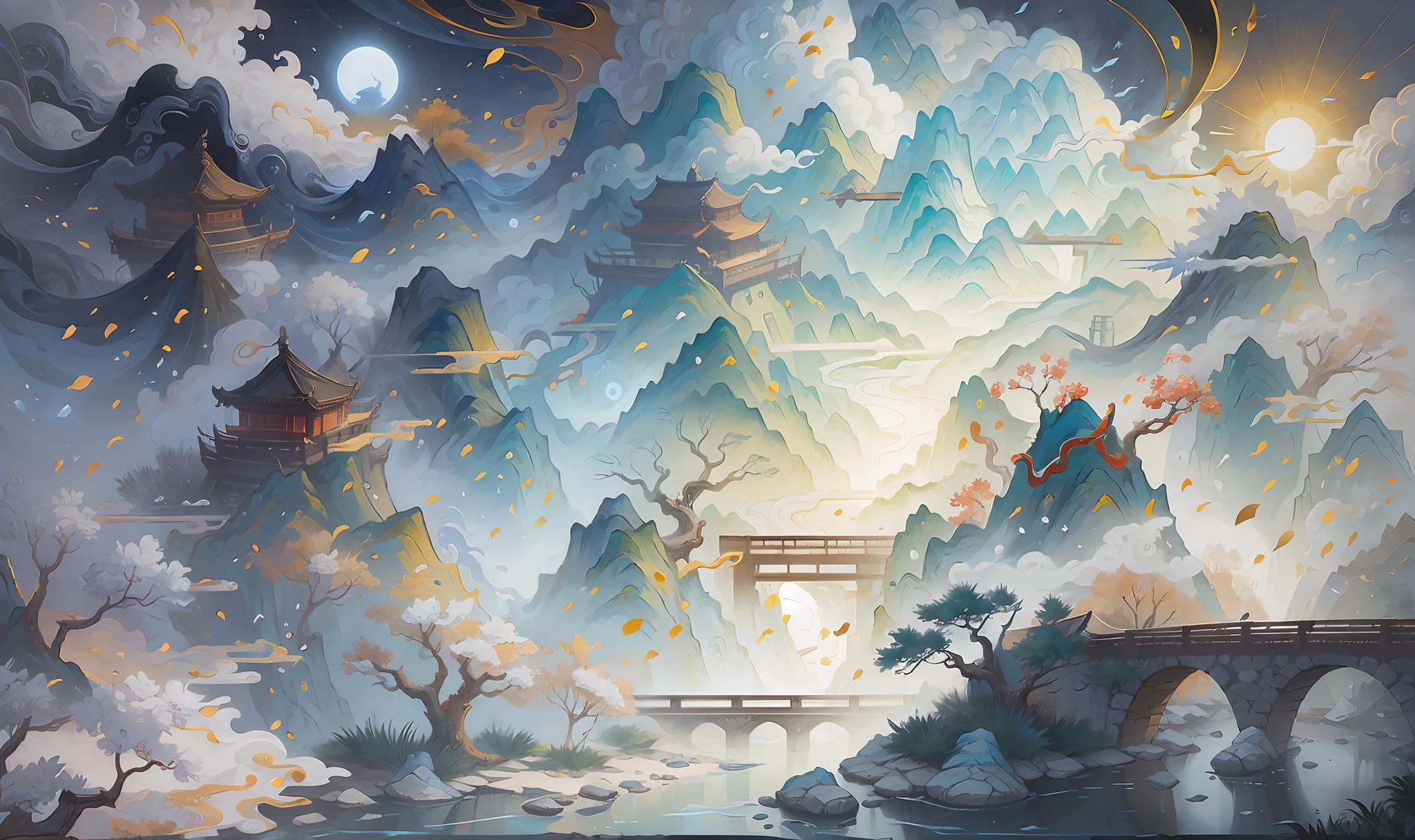 Ancient Chinese scenery, mountains, rivers, auspicious clouds, sunshine, white background, masterpiece, super detail, epic composition, Ultra HD, high quality, extremely detailed, official art, unified 8k wallpaper, Super detail, 32k -- v 6