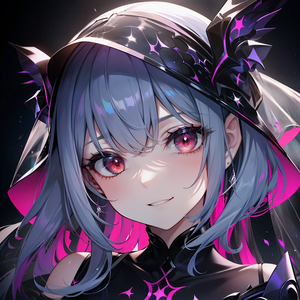 dia: 1girl, sozinho, ((extremamente detalhado CG unidade 8k papel de parede)), master part, best quality, ((ultra-detalhado)), Melhor sombra, fundo multicolorido, illustration, (Rosto bonito e detalhado), cabelos flutuantes, Dynamic angle, alto contraste, best ilumination, um extremamente delicado e bonito, (hiper detalhe), (beautiful face:1.2), (sorrir:1.0), lo gothic, armadura do cavaleiro, monocromatic, veil on face, sorriso assustador, sadistic smile, Demonic red eyes, eles chifres, dynamic pose