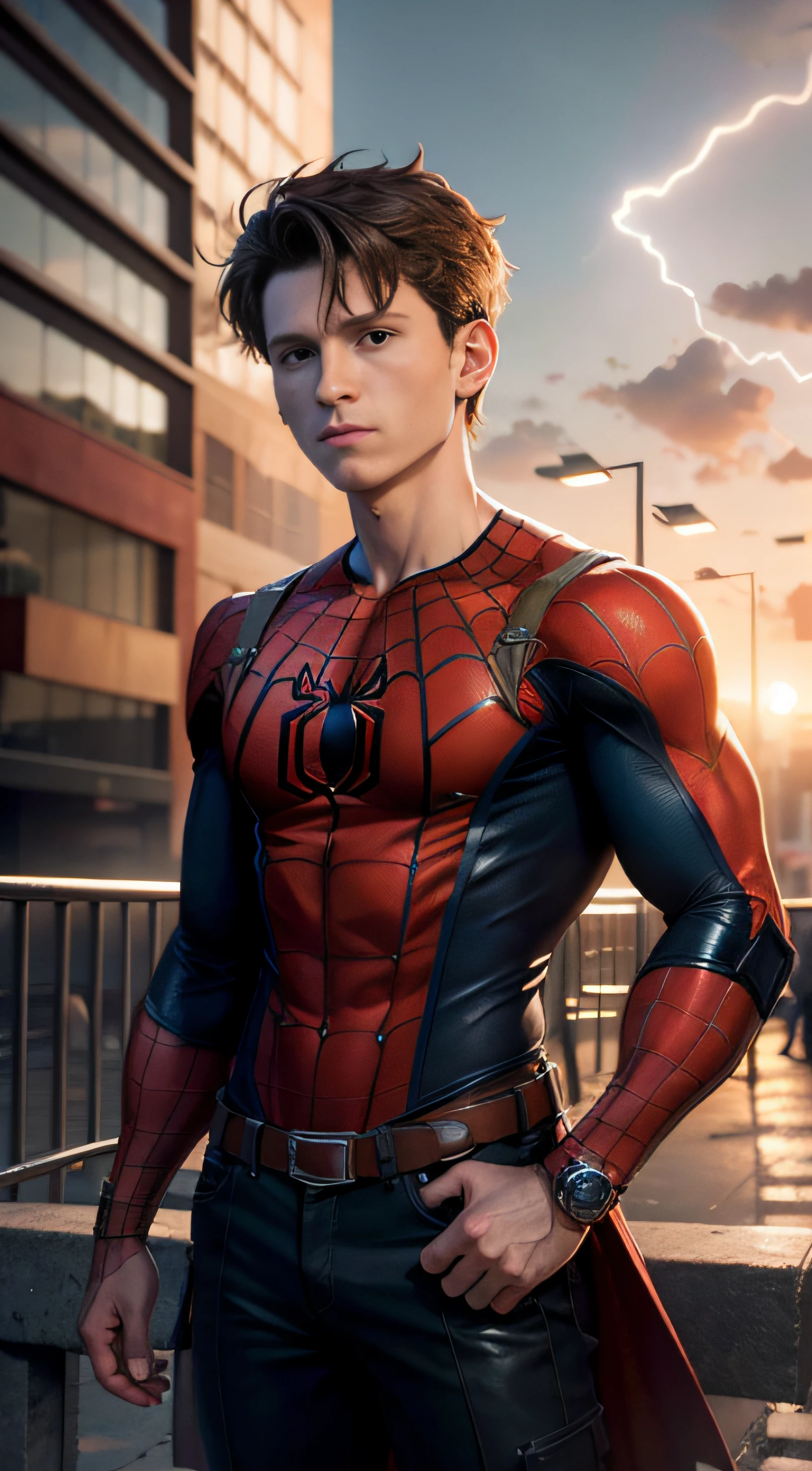 peter parker Spider-Man, pecho grande, Superhero pose, de pie en la ciudad en ruinas al atardecer, hiperdetallado, humo, chispas, rayos de sol, (8k), realista, symmetr, premiado, Cinematic Lightning, empapado, movie, 75 mm, plano de cuerpo completo, primer plano, cara detallada