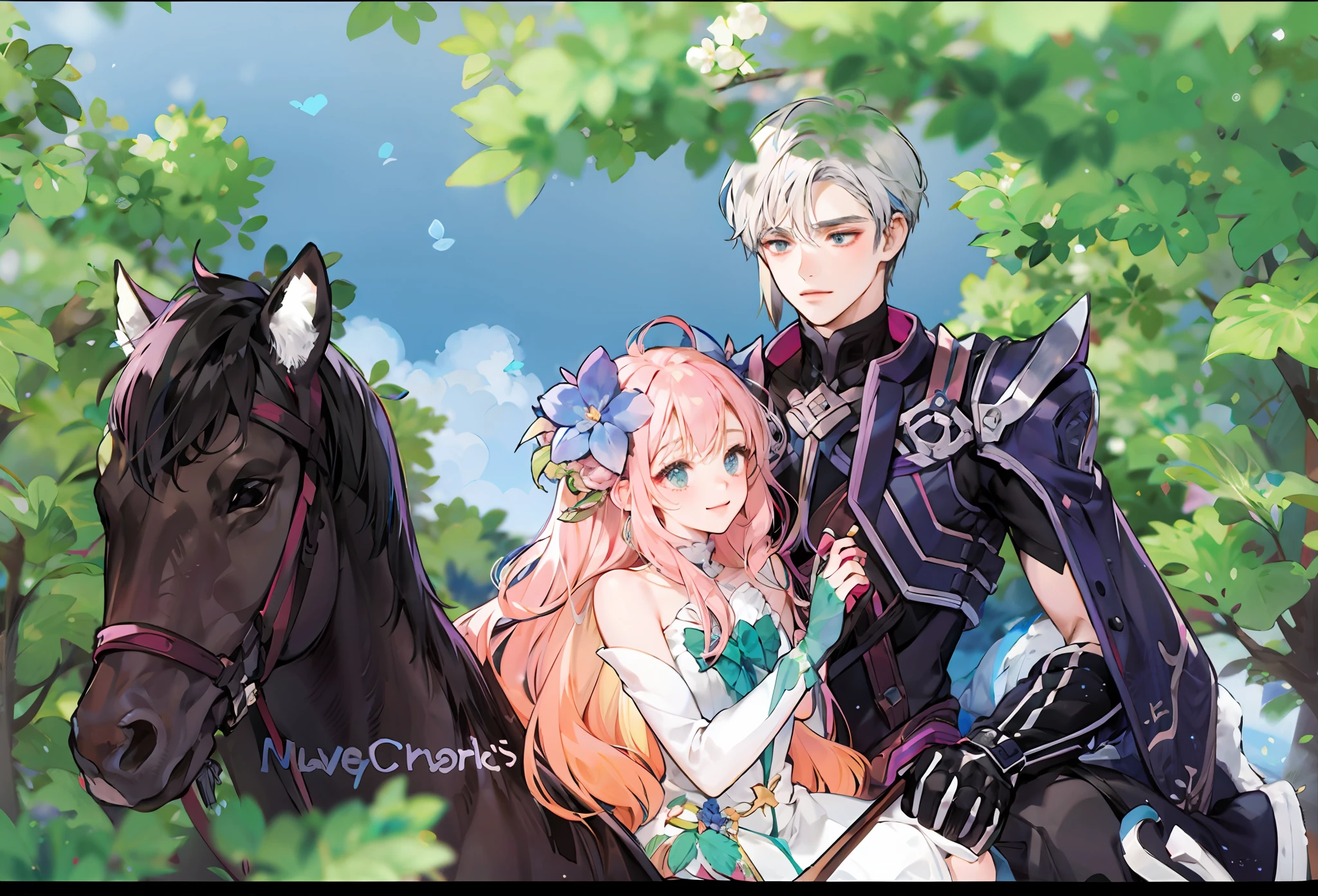 masterpiece, best quality, 2others, couple, hetero, 1man with 1woman, man hair pink, woman hair blue, height difference, different colors, happy, love, flower-filled landscape, forehead
