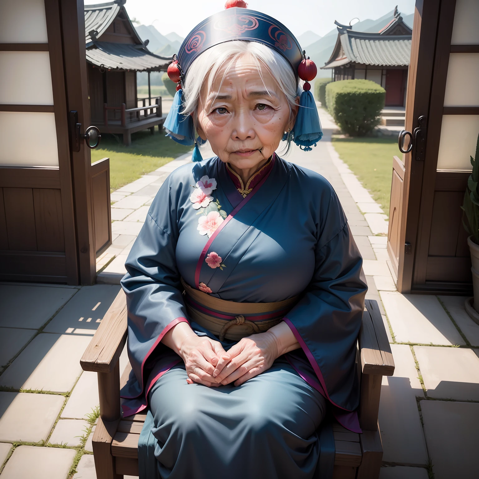 Make an avatar of a Chinese grandmother sitting at the village gate，She looks wise、kind，Face full of wrinkles，face clearly visible，The upper body is dressed simply，Headdress simple village wisdom --auto
