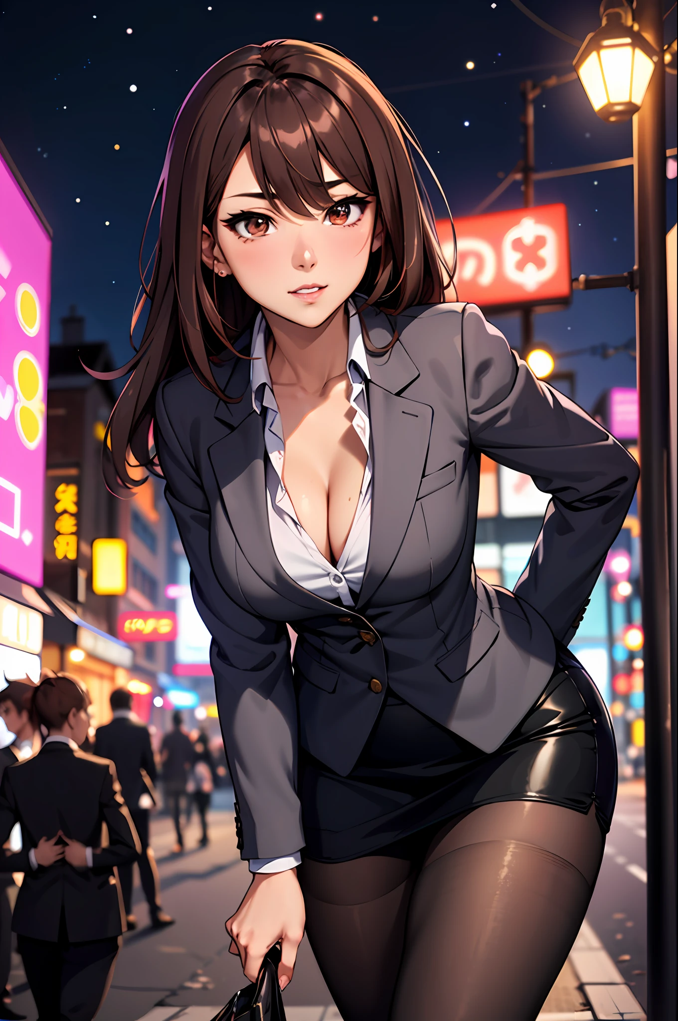 Bewitching anime busty woman in gray blazer suit and tight skirt、Black tights,Inviting look、Show off your chest、Shirt and brown hair,Ecchi anime style, bending forward,Kamimei,Red Light District at Night,neons、Bokeh in the background