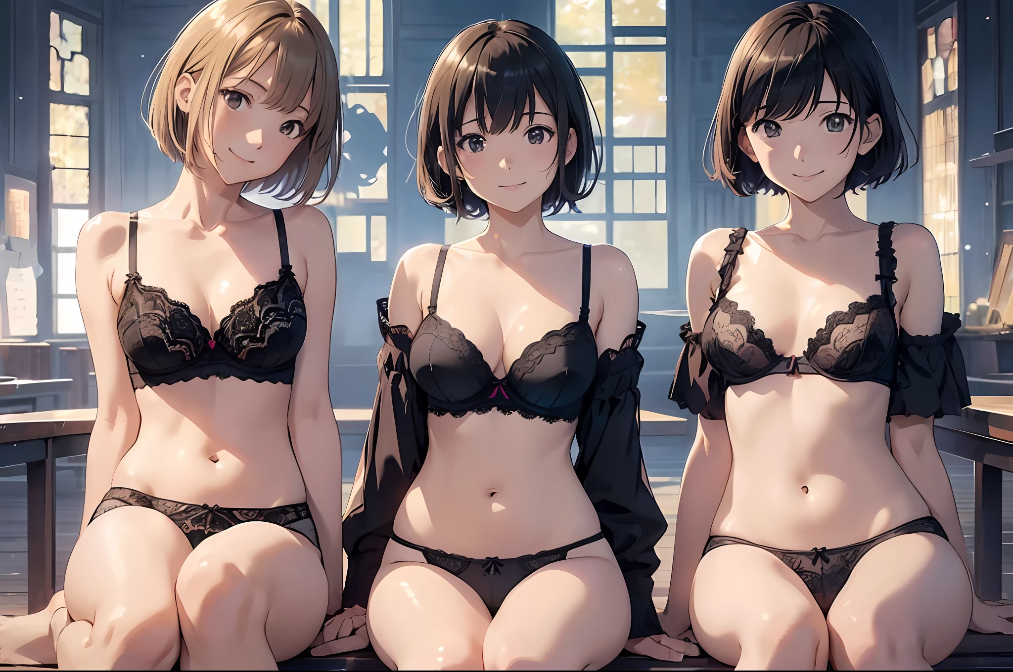 (Flat color: 0.8), (Masterpiece: 1,2), highest quality, high resolution, ultra-fine illustration, Makoto Shinkai style, Kyoto animation style, short bob,
5 girls, big, happy smile, embarrassing, (bra, panties, lace trim, barefoot, underwear only: 1.3), closeup, (NSFW: 0.8)