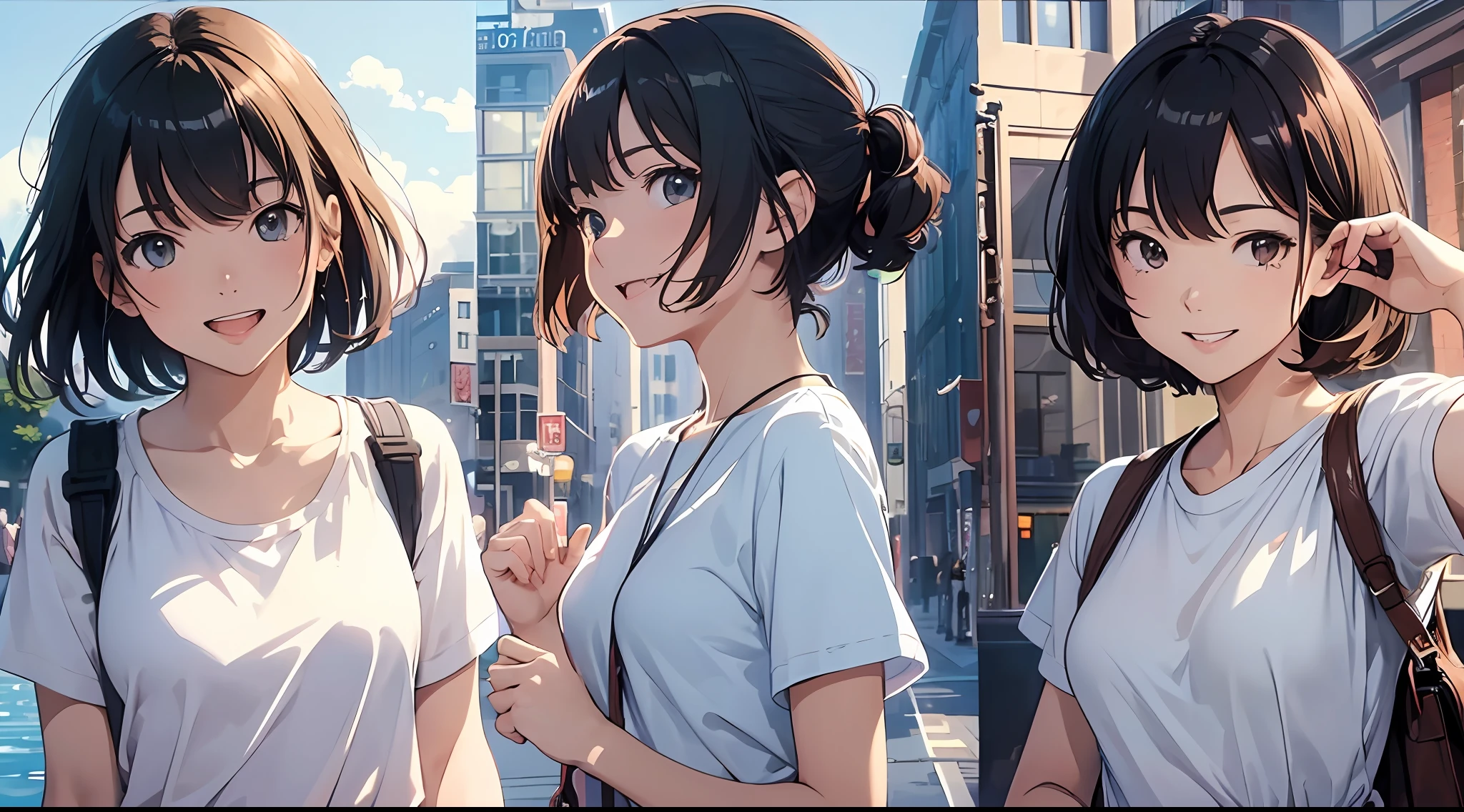 (Flat Color: 0.8), (Masterpiece: 1,2), (Masterpiece: 1,2), Hi-Res, Ultra High Detail, Best Quality, High Resolution, Ultra-fine Illustration, Makoto Shinkai Style, Your Name Is Style, Short Bob, 3 Women, Plain Clothes, Laughing, Big, Dynamic Pose, Selfie, Upper Body