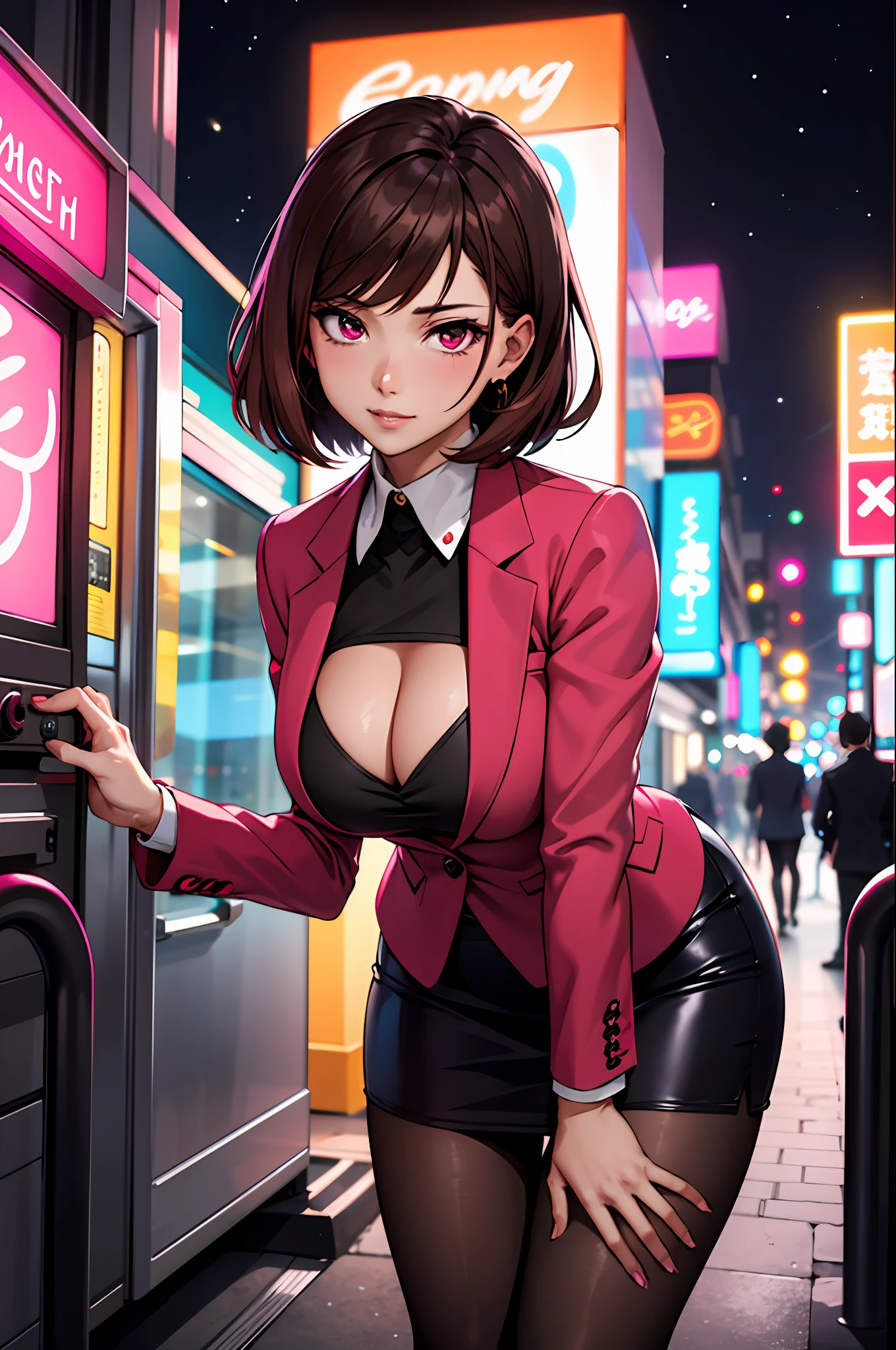 Bewitching anime busty woman in magenta pink blazer suit and tight skirt、Black tights,Inviting look、Show off your chest、Shirt and brown hair,Ecchi anime style, bending forward,Kamimei,Red Light District at Night,neons、Bokeh in the background