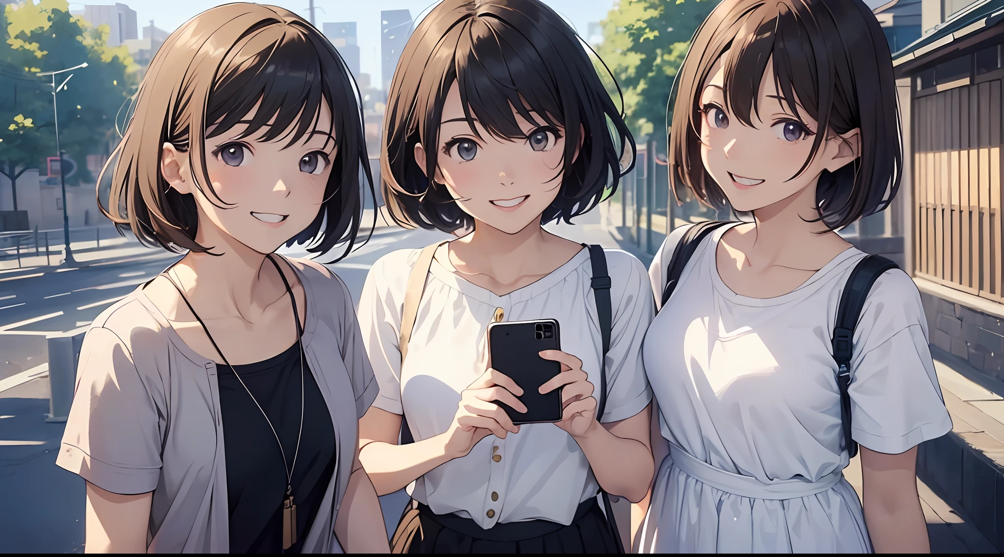 (Flat Color: 0.8), (Masterpiece: 1,2), (Masterpiece: 1,2), Hi-Res, Ultra High Detail, Best Quality, High Resolution, Ultra-fine Illustration, Makoto Shinkai Style, Your Name Is Style, Short Bob, 3 Women, Plain Clothes, Laughing, Big, Dynamic Pose, Selfie, Upper Body