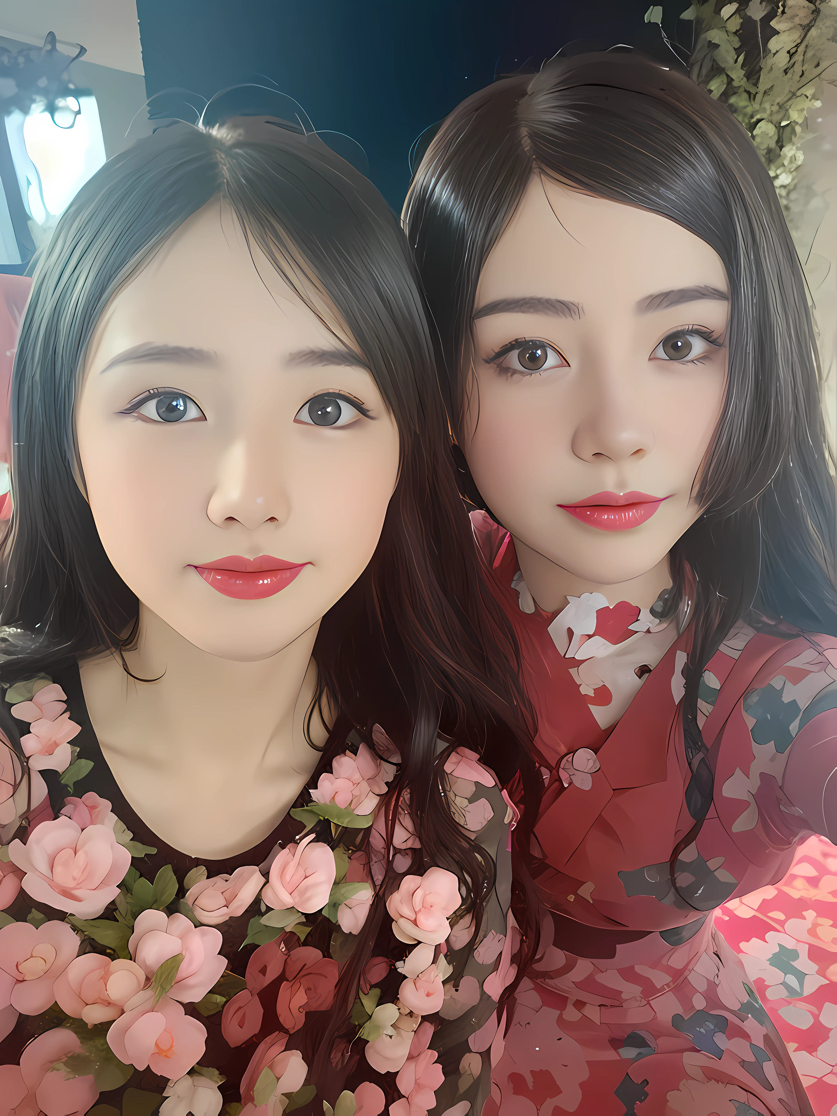 there are two girls that are posing for a picture together, 8k selfie photograph, ayami kojima and lyde caldwell, Long flowing hair,Ruan Jia and Fenghua Zhong, both have red lips, with ivy, wenfei ye, Middle metaverse, yoshitomo nara and aya takano, Extreme detail description, Beautiful, Charming, Ultra-fine painting, Delicate face, Delicate figure, Fine collarbones, lovely lips, soft behind,