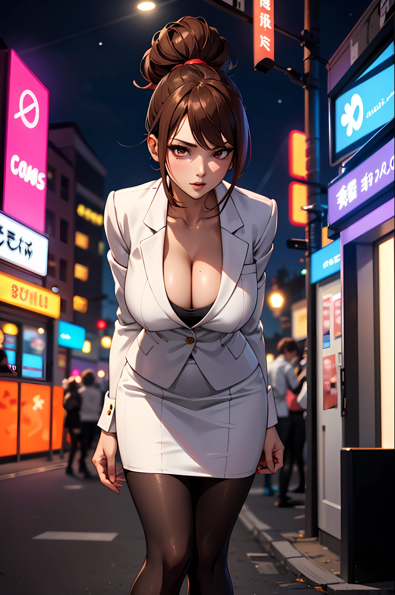 Bewitching anime busty woman in white suit and tight skirt、Black tights,Inviting look、Show off your chest、Shirt and brown hair,Ecchi anime style,  bending forward,Kamimei,Red Light District at Night,neons、Bokeh in the background