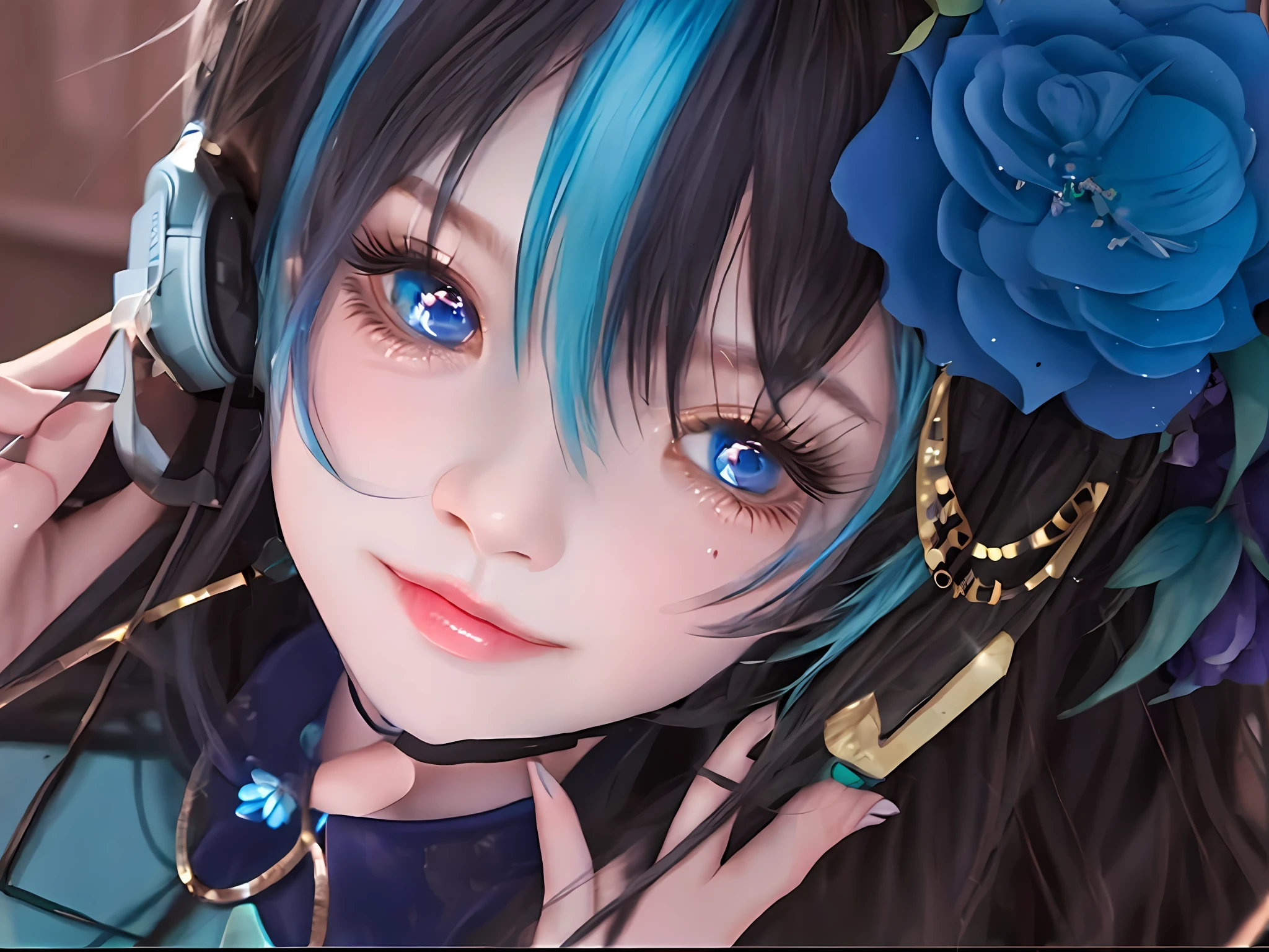 anime girl holding headphone with blue hair and blue eyes with a blue flower in her hair, short hair, blue eyes, short hair, smile face, blue kohl