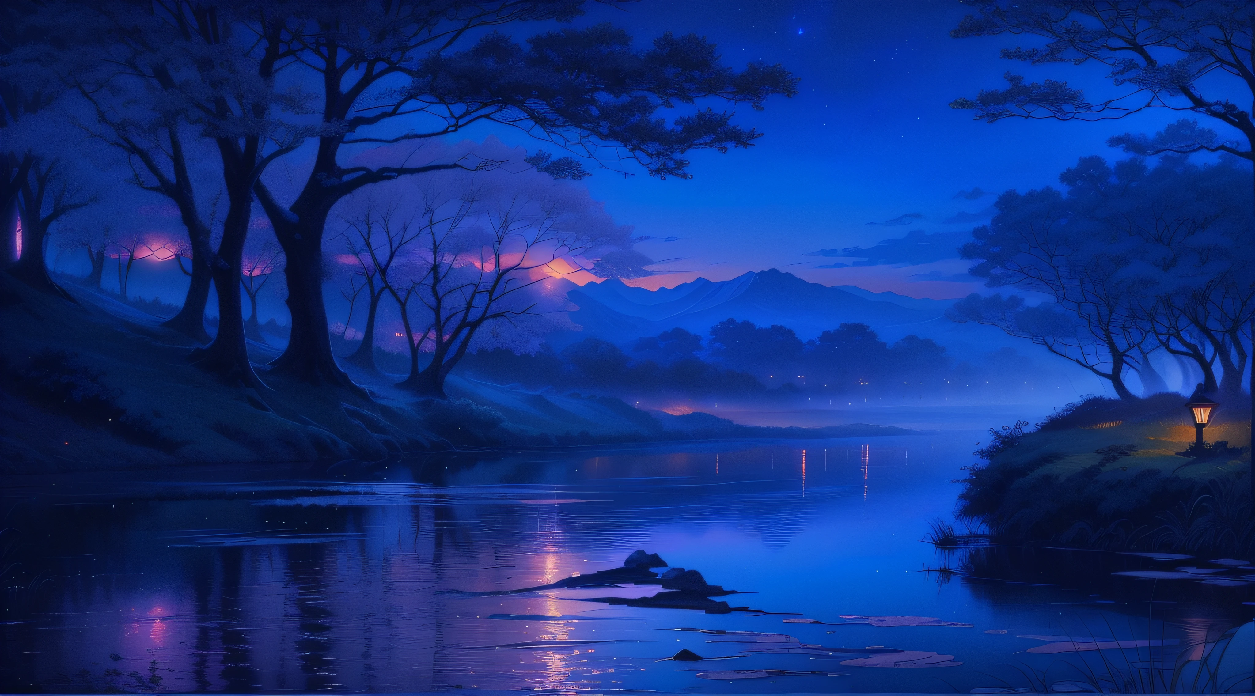 There is a painting of a person walking on a river, Twilight ; pintura digital, noite calma. digital illustation, Noite de luar atmosfera sonhadora, paisagem natural noturna, Twilight ; digital oil painting, arte de fundo, bela noite de luar, reflexions. por makoto shinkai, papel de parede de paisagem anime, beautiful oil matte painting, Night scenery, luar, lindo luar, pintura digital bonita