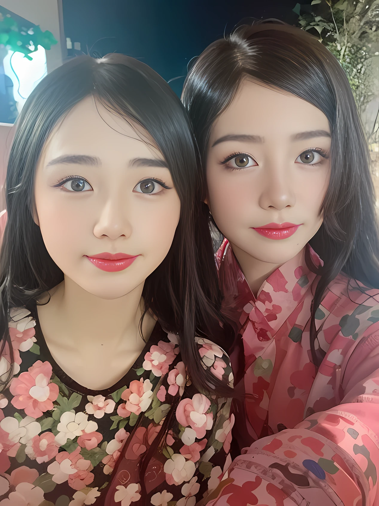 there are two girls that are posing for a picture together, 8k selfie photograph, ayami kojima and lyde caldwell, Long flowing hair,Ruan Jia and Fenghua Zhong, both have red lips, with ivy, wenfei ye, Middle metaverse, yoshitomo nara and aya takano, Extreme detail description, Beautiful, Charming, Ultra-fine painting, Delicate face, Delicate figure, Fine collarbones, lovely lips, soft behind,