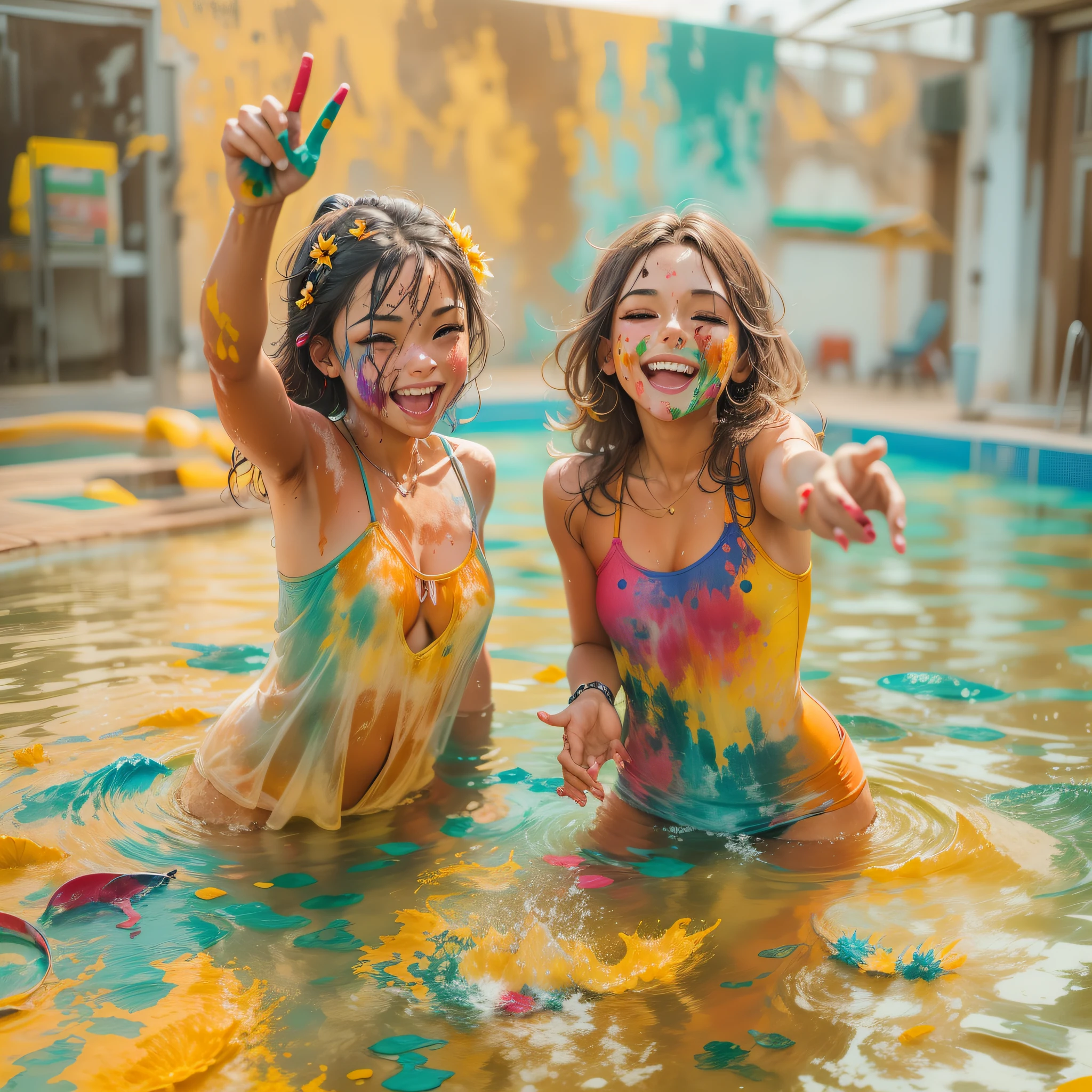Nesta imagem, duas melhores amigas, Lily e Emily, They're having fun in a pool full of colorful paint. Com grandes sorrisos em seus rostos, eles alegremente jogam tinta um no outro, Creating a vibrant and artistic pool party scene.