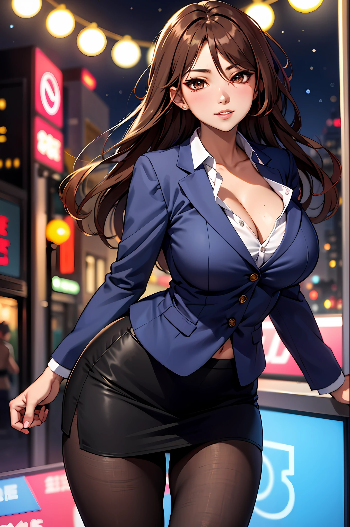 Bewitching anime busty woman in blue suit and tight skirt、Black tights,Inviting look、Show off your chest、Shirt and brown hair,Ecchi anime style, bending forward,Kamimei,Red Light District at Night,neons、Bokeh in the background