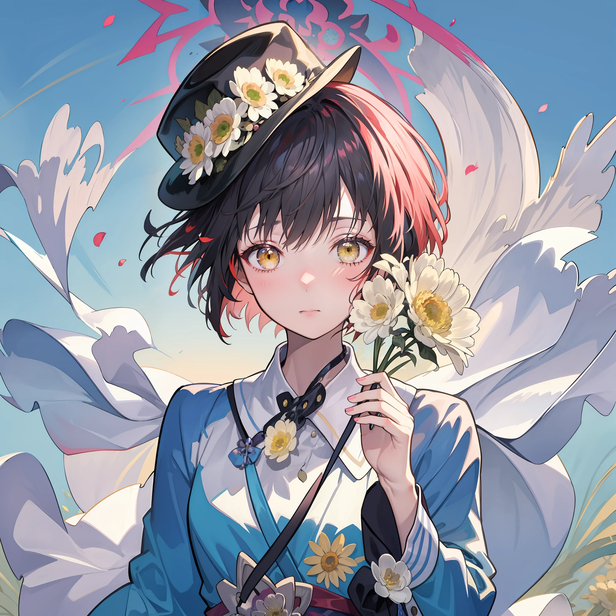 A melancholy girl wearing a hat，Look ahead with a chrysanthemum in the bright sun，((tmasterpiece)), Best picture quality, 8k wallpaper, The best illustration, Very exquisite and beautiful, high resolution， Neck strap，beautiful  face,  Wide lens, the watercolor style。