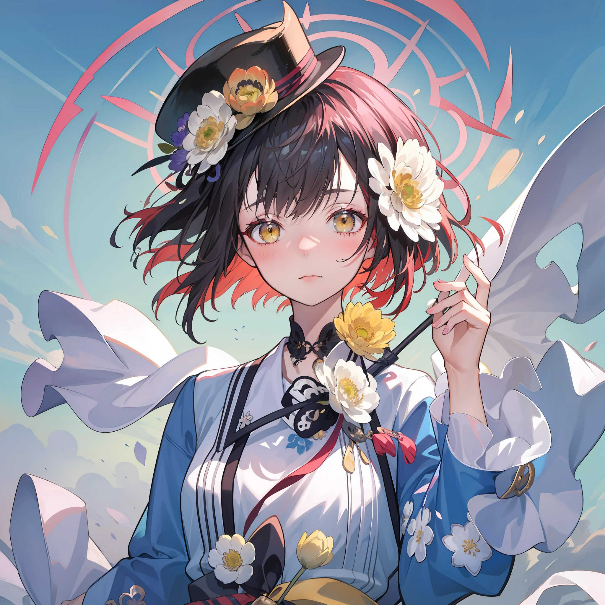 A melancholy girl wearing a hat,Look ahead with a chrysanthemum in the bright sun,((tmasterpiece)), Best picture quality, 8k wallpaper, The best illustration, Very exquisite and beautiful, high resolution, Neck strap,beautiful face, Wide lens, the watercolor style。