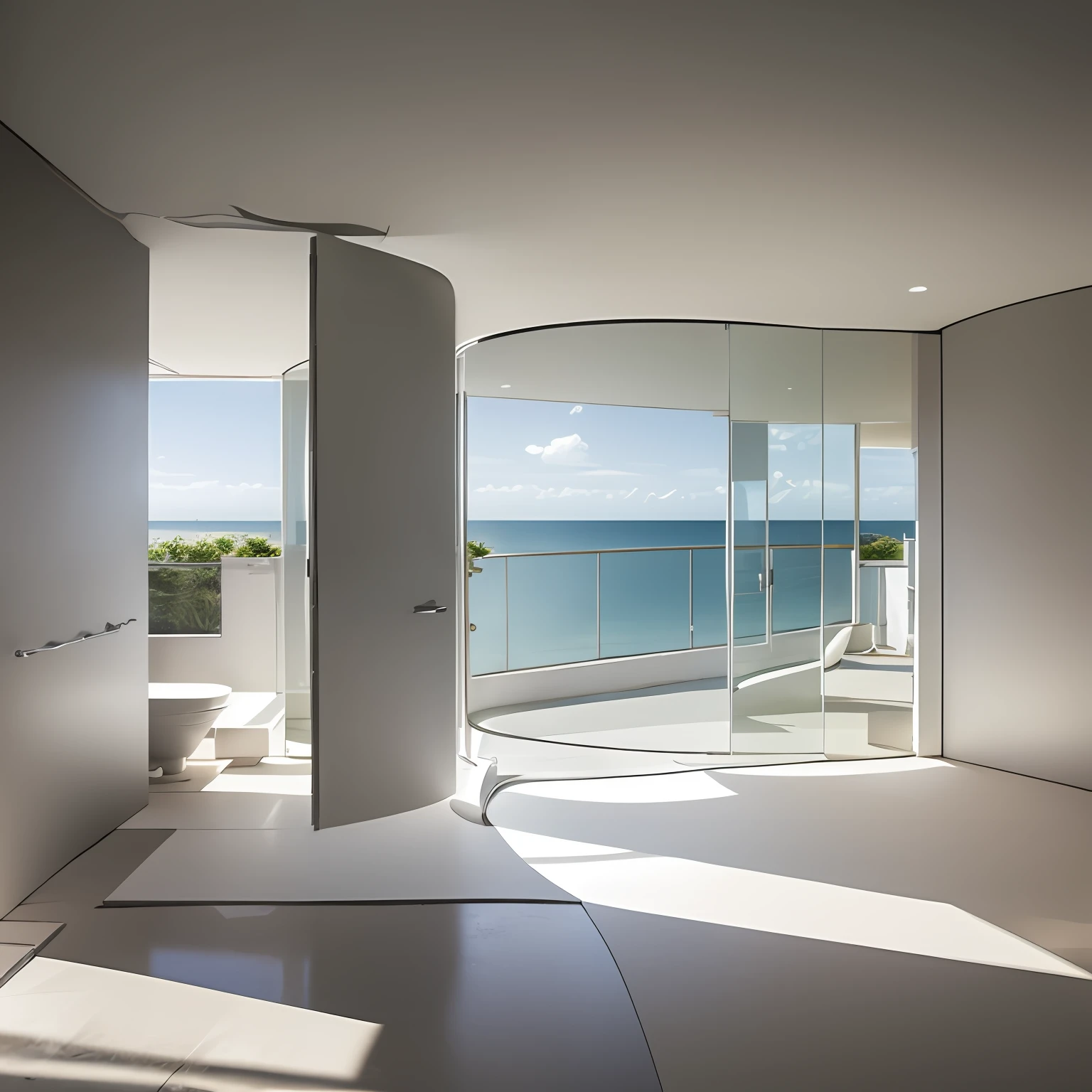 Stylish superior B&B,two point perspective,Equidistant height,Smallpox white,Open toilets,The ground is gray soft light antique bricks,A glass curtain wall,Sea view from the window.