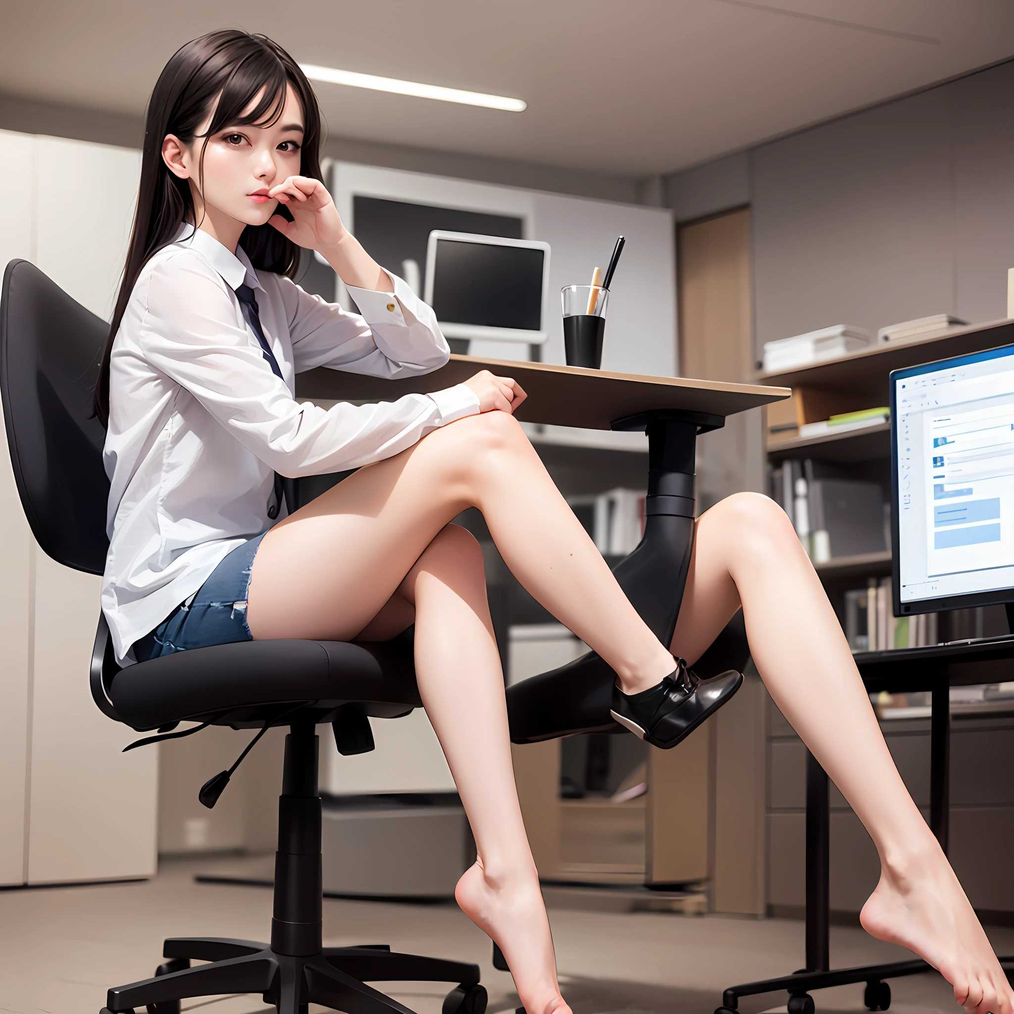 araffe sitting on a chair in a room with a computer desk, sat at her desk, in the office, sat in an office, sitting on a desk, on a desk, sitting behind desk, in an office, very seductive pose, crossed legs, sitting at desk, legs crossed, long legs, knees tucked in, sitting in office, korean woman