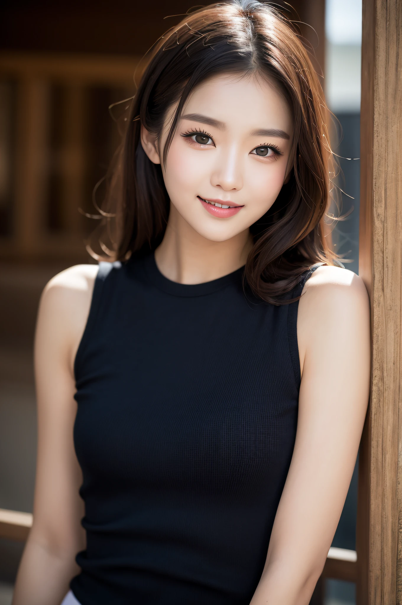 ((best qualtiy、8k masterpieces:1.3))、foco nítido:1.2、(ultra beautiful faces:1.0)、(Slender Abs Beauty:1.0)、(shinny skin:1.0)、photos realistic、A dark-haired、Video Lighting、High-definition eyes and face、Video Lighting、(cowboy shot:1.3)、White swimwear、(Korean Cute Actress)、from the front side、medium large breasts、A slight smile、Sleeveless